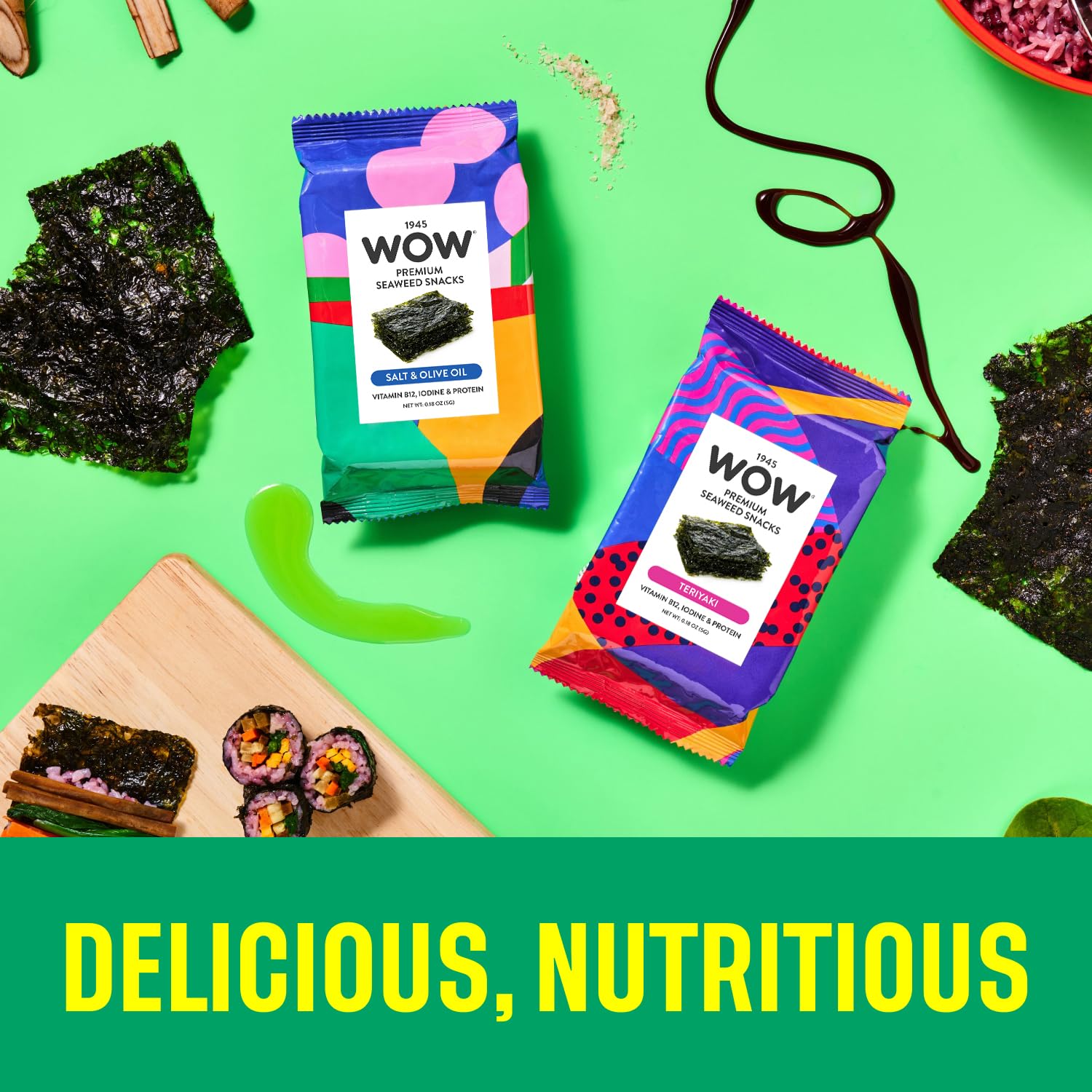 1945 WOW Premium Roasted Korean Seaweed Snacks, Teriyaki - 20 Count, Vegan, Gluten Free, Non-GMO, Keto, Extra Thick, Crunchy, & Healthy Snacks for Kids & Adults