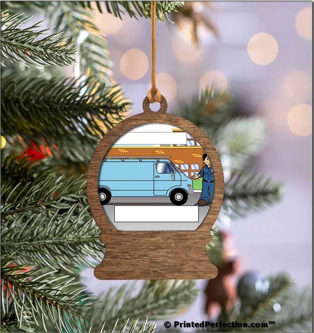 PrintedPerfection.com Personalized Service Van, Blue - Male Wooden Snow Globe Shaped Christmas Ornament