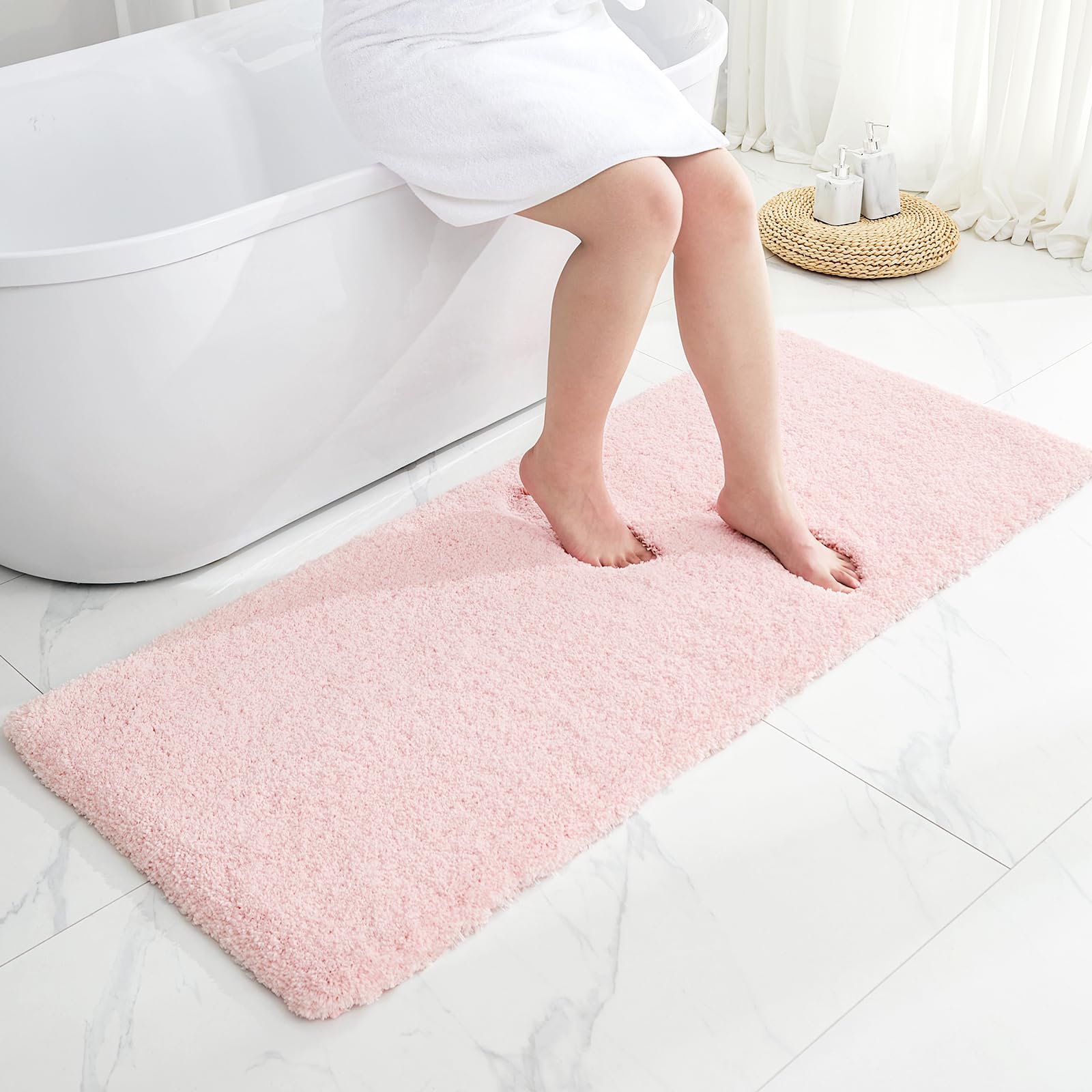 Disolla Pink Bathroom Runner Rug 24x70 Non Slip Fluffy Long Bath Mat for Bathroom Floor Washable Plush Luxury Bath Rug for Tub Absorbent Shower Sink