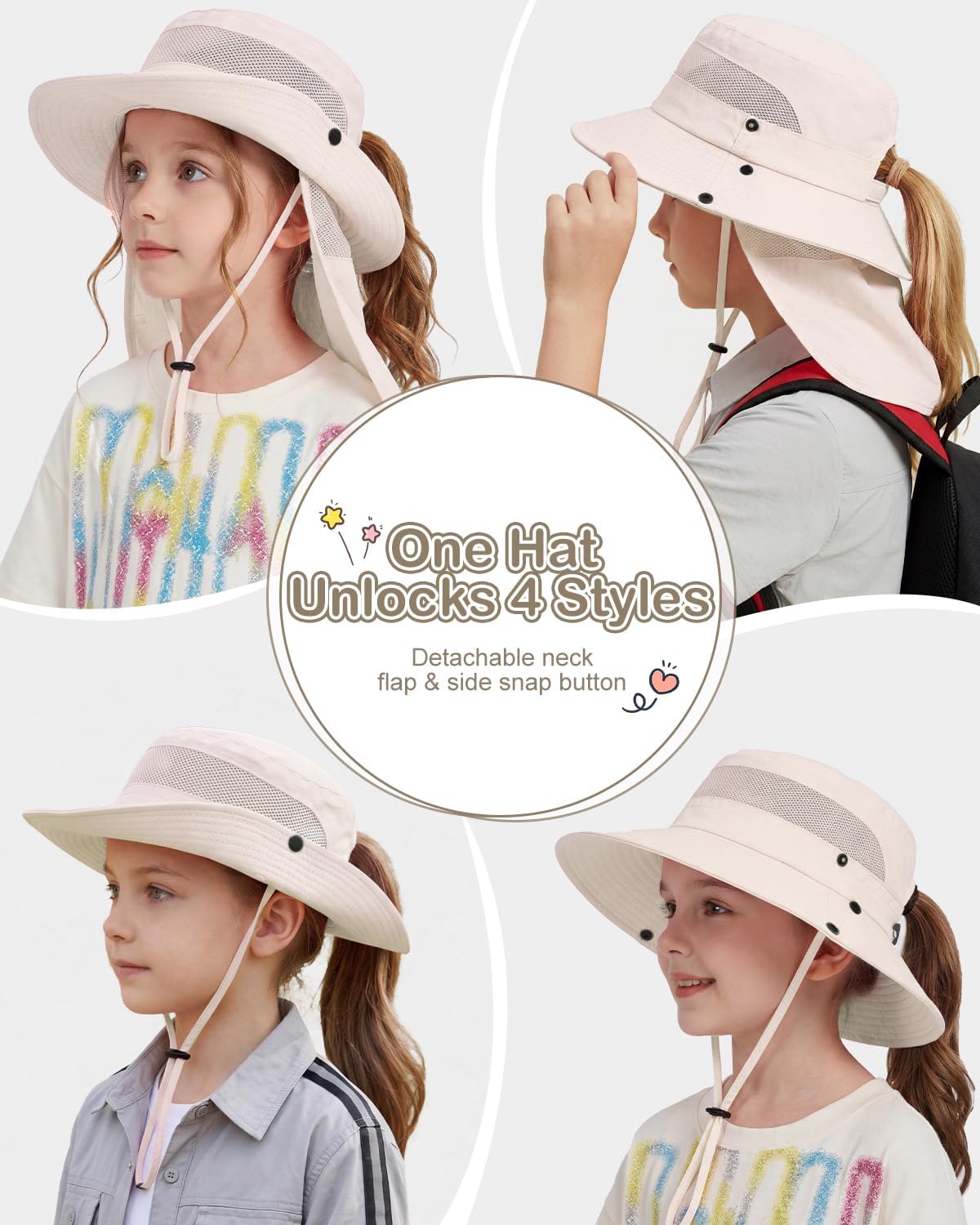 Century Star Kids Sun Hat with Ponytail Hole & Detachable Neck Flap UPF50+ Quick Dry Girls Bucket Hat for Outdoor Beach