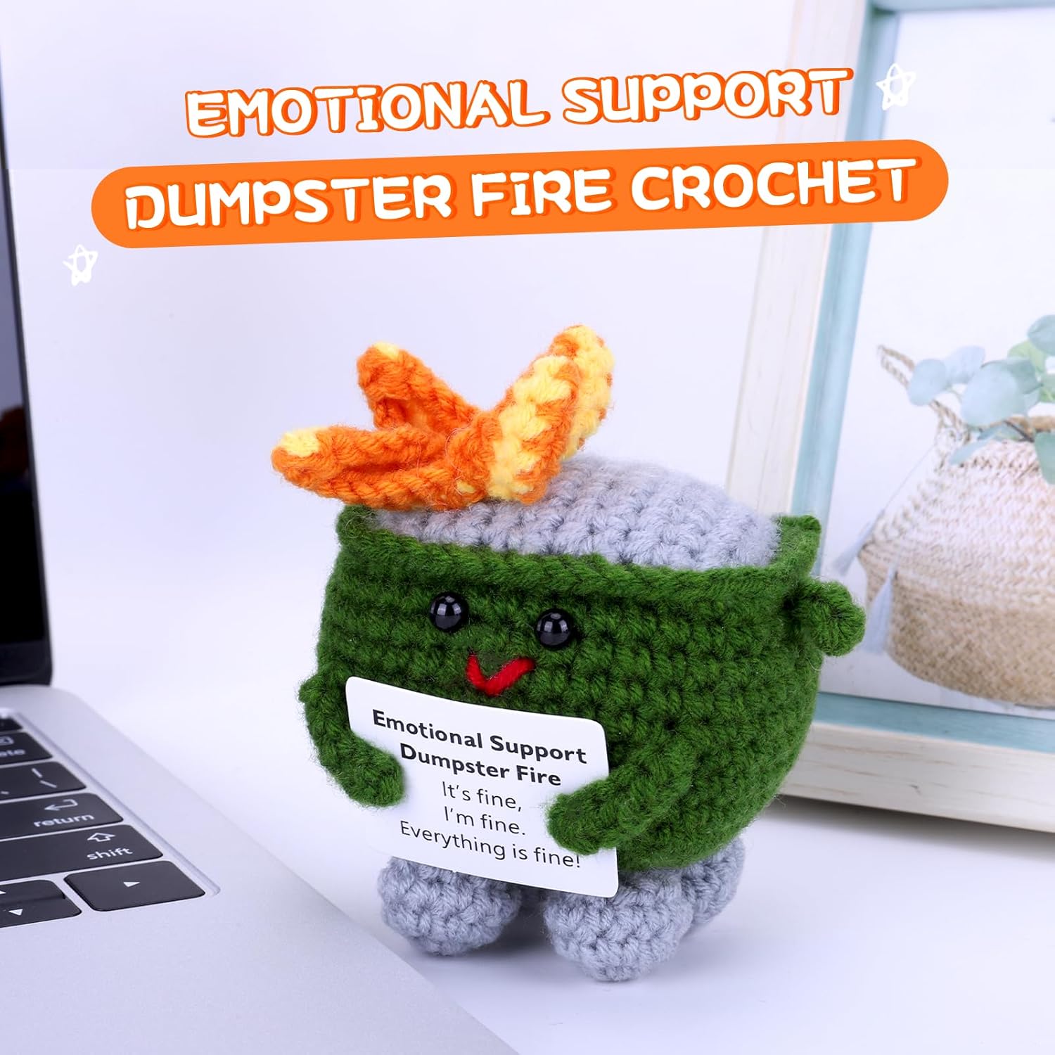 7 PCS Emotional Support Dumpster Fire Crochet with Positive Card, Cute Handmade Desk Accessories, Stress Relief Birthday Coworker Gifts for Women Men, Funny Office Decor