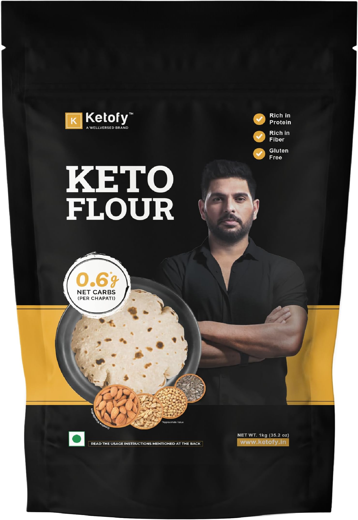 KETOFY Keto Flour, 0.4g Net Carb/Chapati, Ideal for Weight Management, Ultra Low-GI Keto Flour,Easy to Knead and Roll, Enriched with Superfood Ingredients, Gluten Free Atta, Keto Atta(1 kg(Pack of 1))