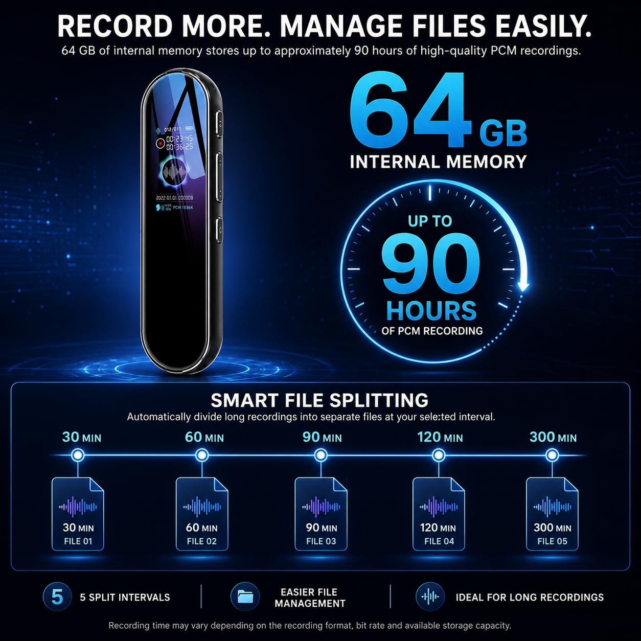 Grabadora de Voz 64 GB, PCM 1536 kbps con Activación por Voz