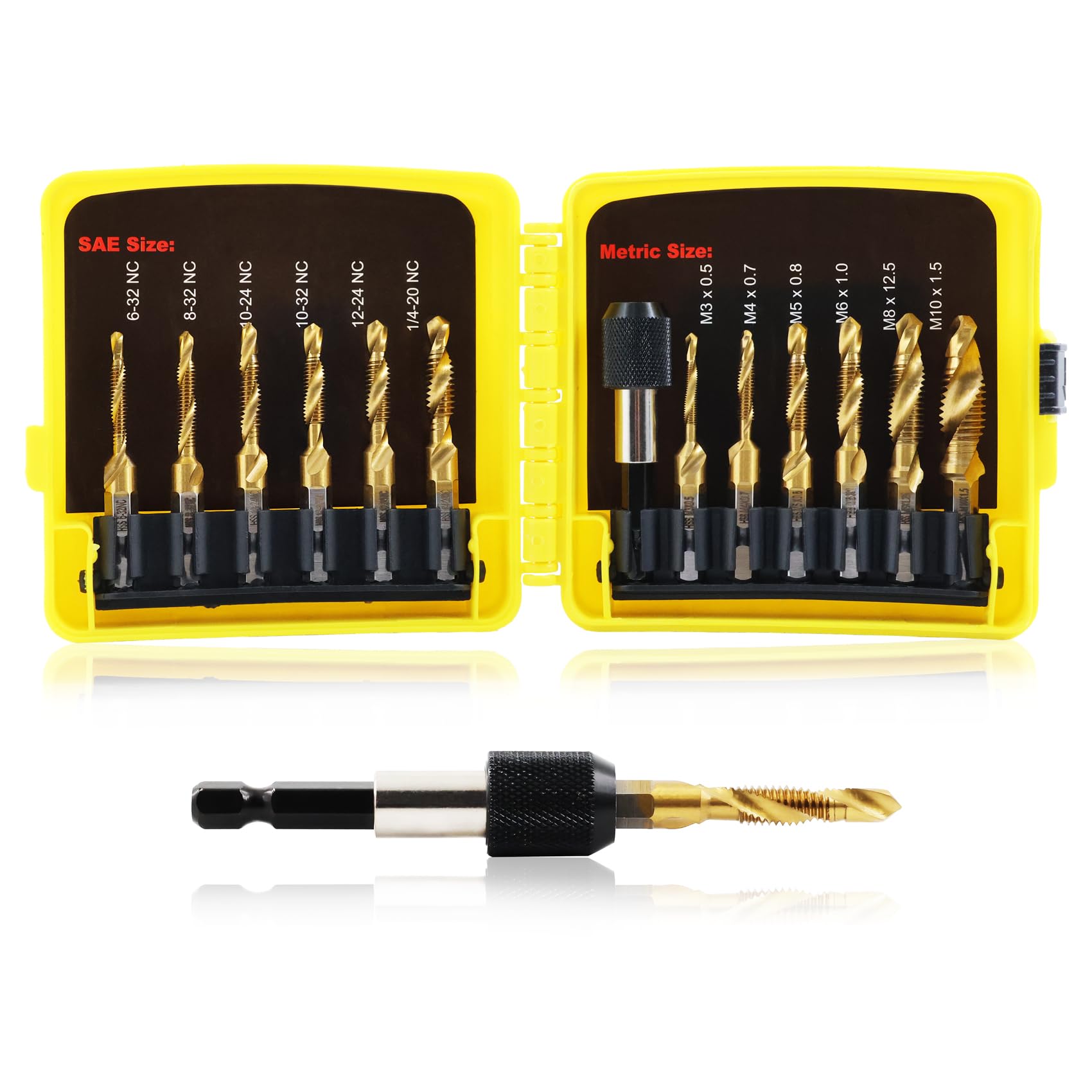 Jeu de forets et de tarauds combinés, outil de taraudage revêtu de titane 13pcs SAE/Métrique Taraud à vis Mèche pour perçage Taraudage, lamage, avec adaptateur à changement rapide