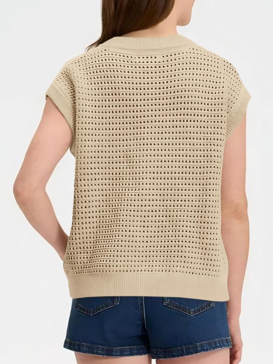 Saodimallsu Womens Short Cap Sleeve Sweater Vest Crochet Button Down Cardigans Crew Neck Summer Knit Tops - Image 6