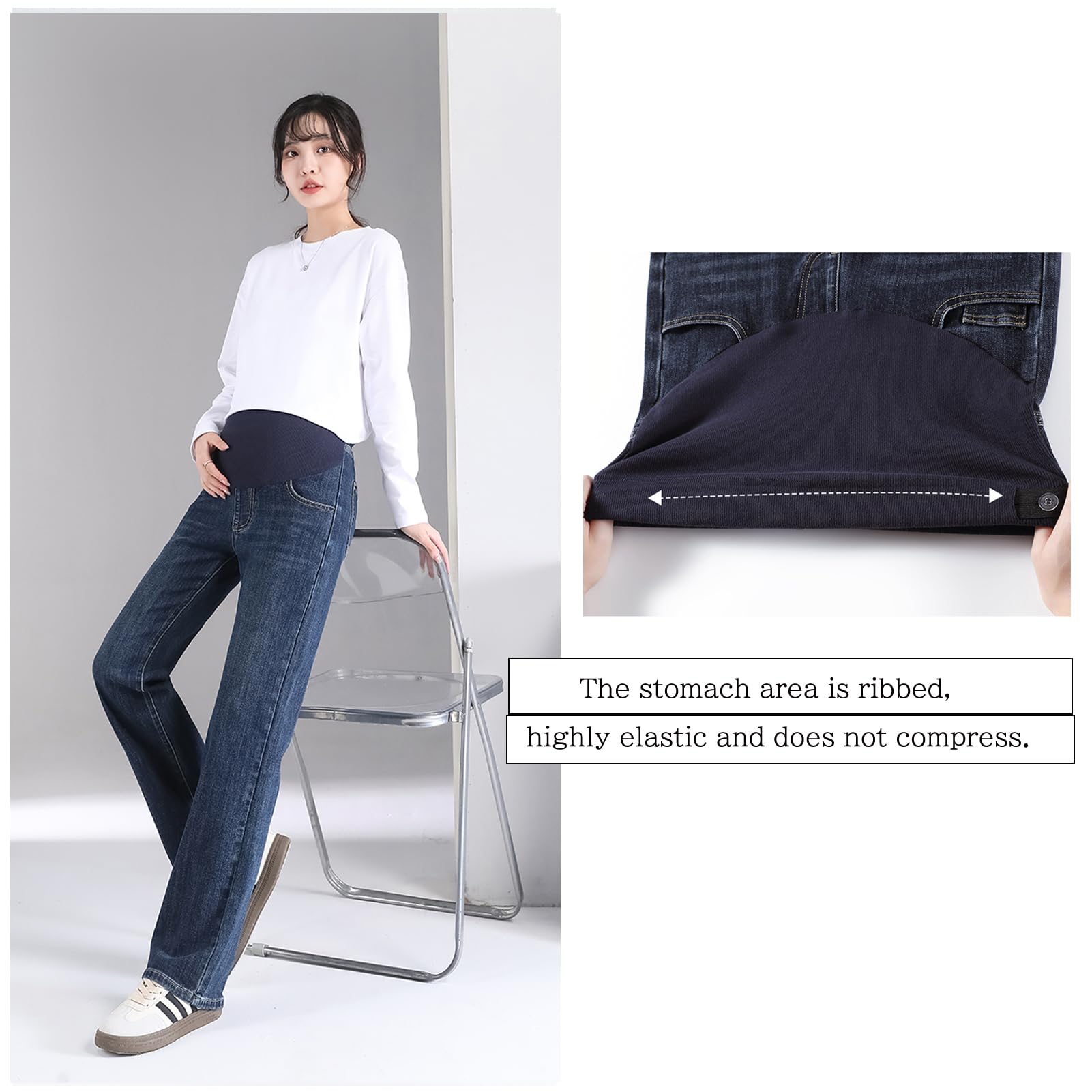 Umstandsjeans, Hose mit weitem Bein, verstellbare Taille, Taschen, modisch und elegant, geeignet für Mädchen unter 170 cm