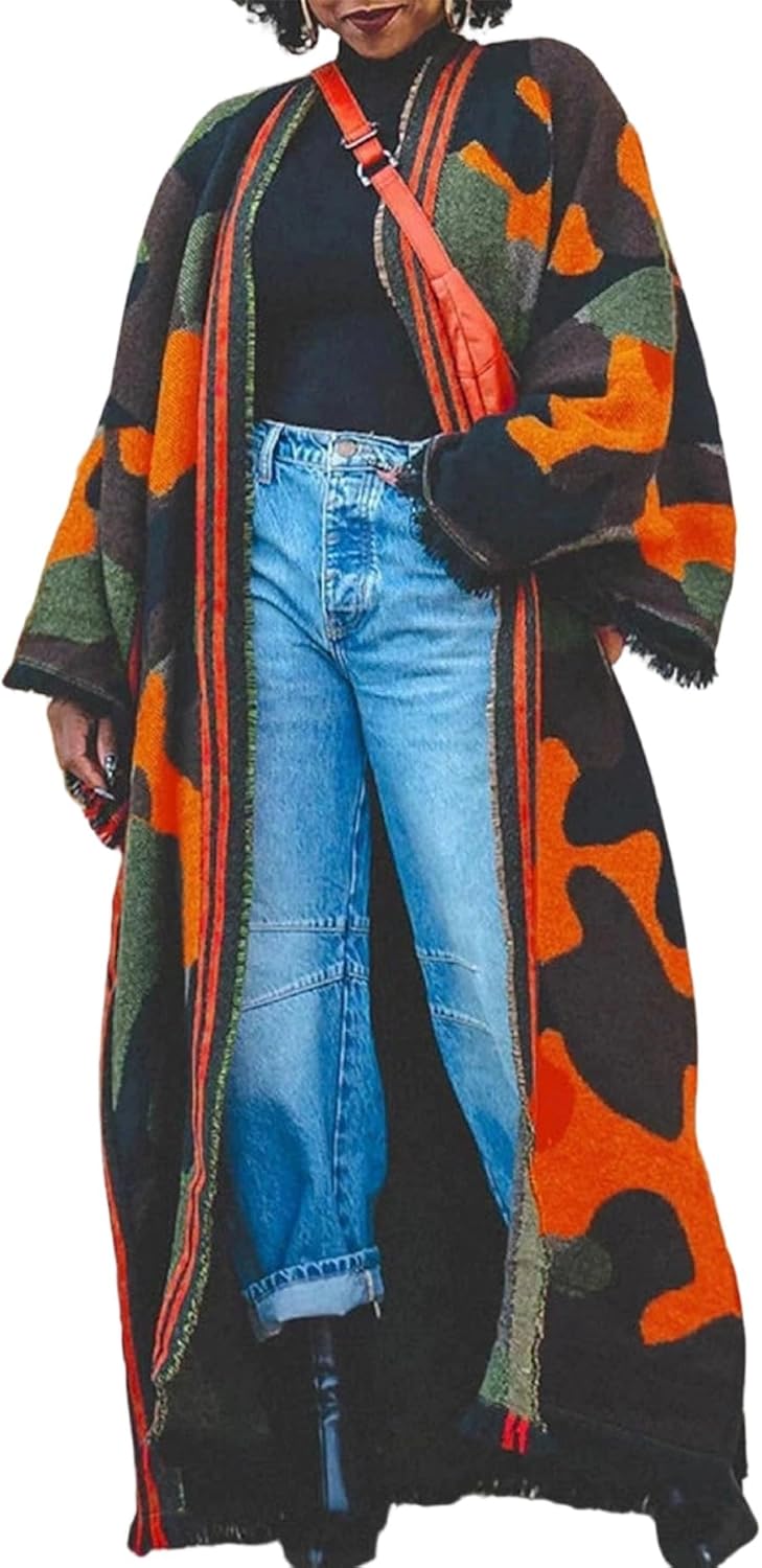 Unybwonn Women Long Cardigans Color Block Open Front Knit Sweater Cover up Maxi Dress Boho Long Sleeve Raw Hem Cardigan