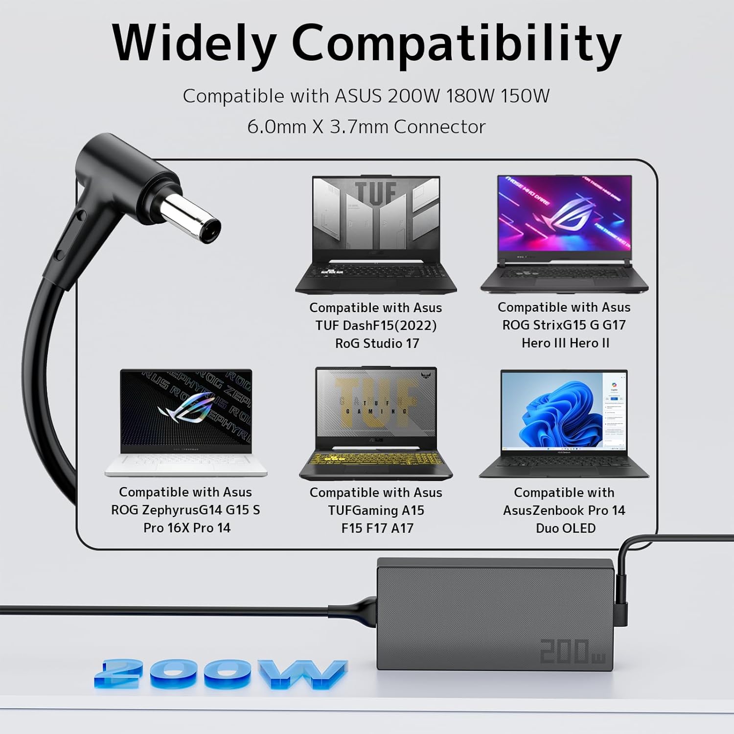 200W Laptop Charger Fit for ASUS TUF Dash F15 FX517 FX516 TUF F15 A15 F17 A17 FX507 FA507 FX707 FA707 FA506 FX506 FA706 ROG Strix G15 G17 G513 G713 Hero G731 Zephyrus G15 GA503 Zenbook AC Adapter