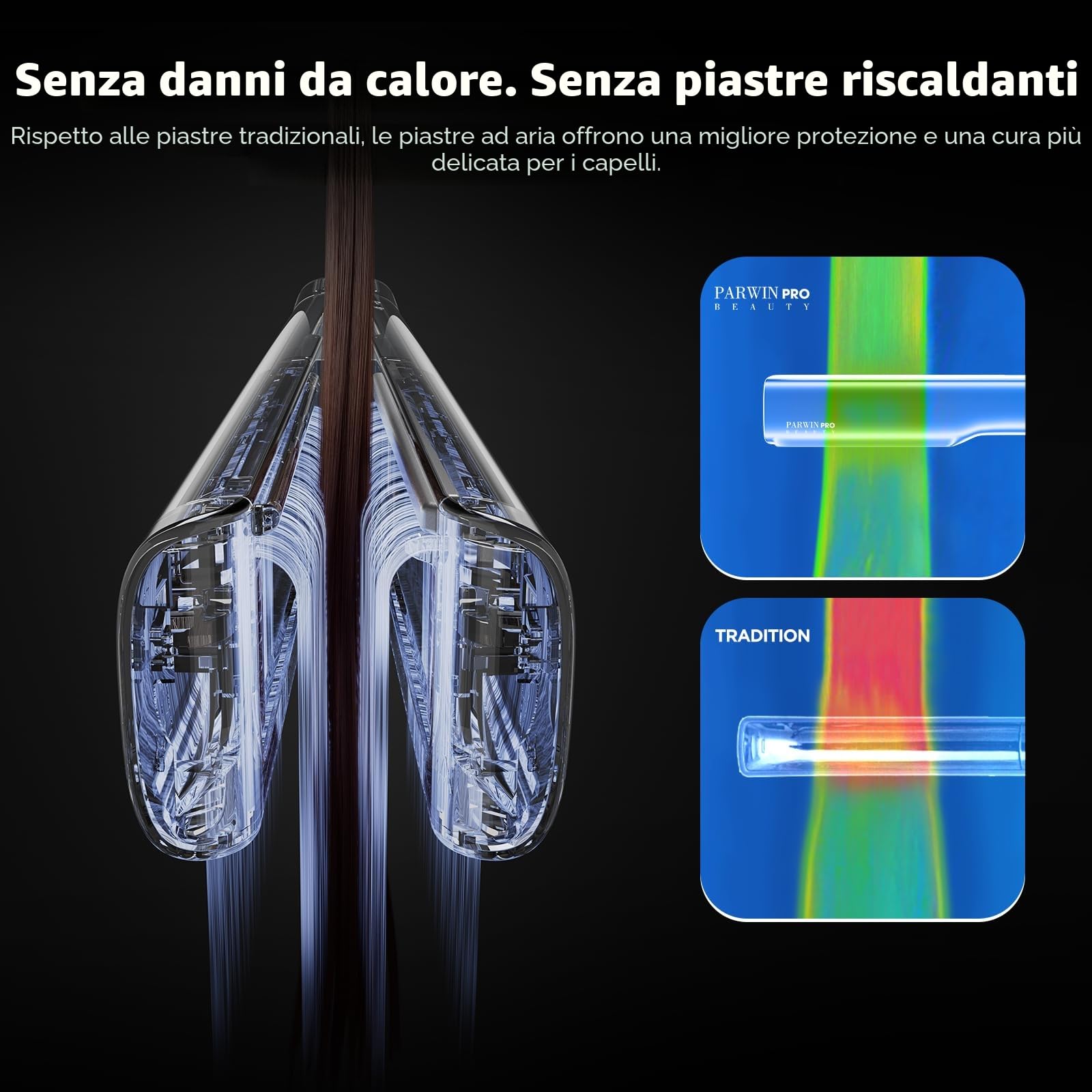 Piastra per capelli ad aria, piastra per capelli agli ioni PARWIN PRO BEAUTY, da bagnato ad asciutto, senza piastre riscaldanti, senza danni da calore, per capelli medi e capelli lunghi (35-75 cm)