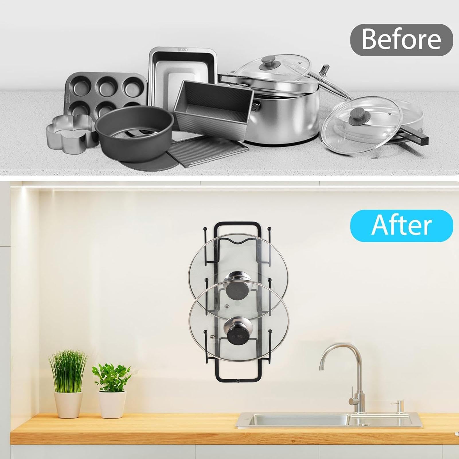 Organisateur De Couvercles Mural Sans Perçage - Rack 3 Niveaux Avec Ventouses Pour Porte D'armoire | Gain De Place Cuisine