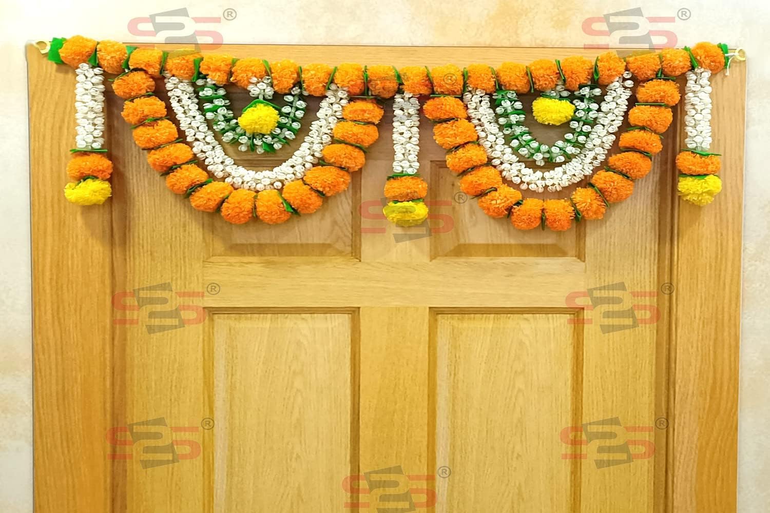 Artificial Marigold & Mogra Flower Triple Layered Door Toran for Main Door, Hanging Toran for Festive Decorations, Doorway Leaves Toran (Orange & White) (Pack of 1) (Length - 40 Inch)