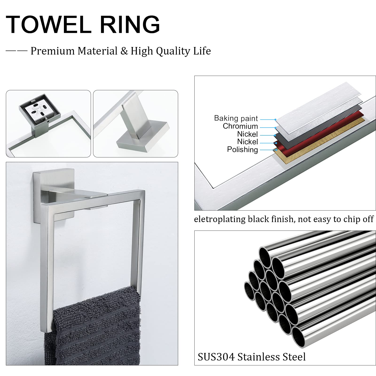 TNOMS – Anello Portasciugamani In Acciaio Inox, Finitura Spazzolata, Design Quadrato Moderno Per Bagno, Montaggio A Parete