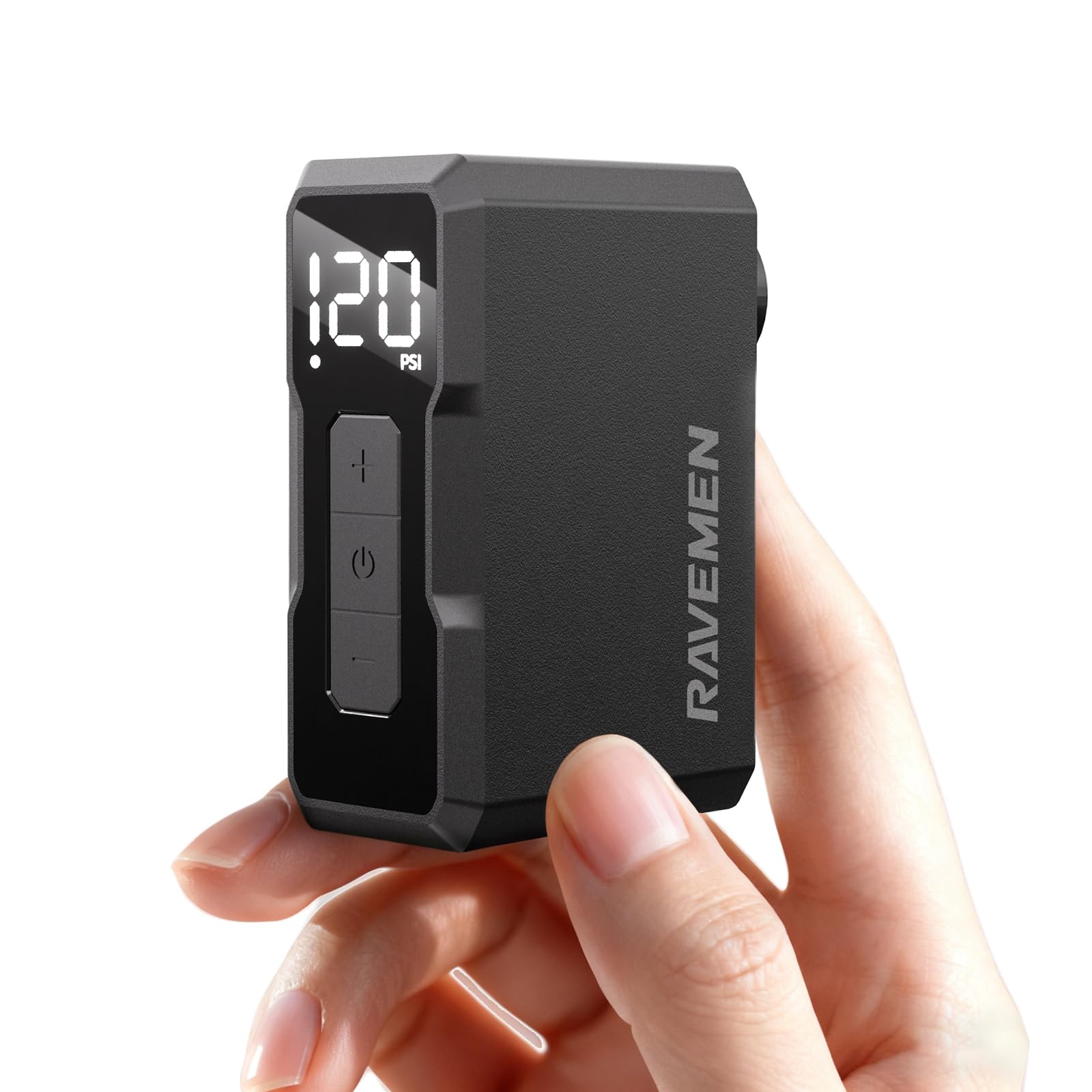 RAVEMEN EP01 Mini Pompa Elettrica per Bicicletta, Massima 120 PSI con manometro Portatile Pompa Arresto Automatico, Compatibile con Presta e Schrader Valvole per Bici da Strada e MTB, E-BIKE