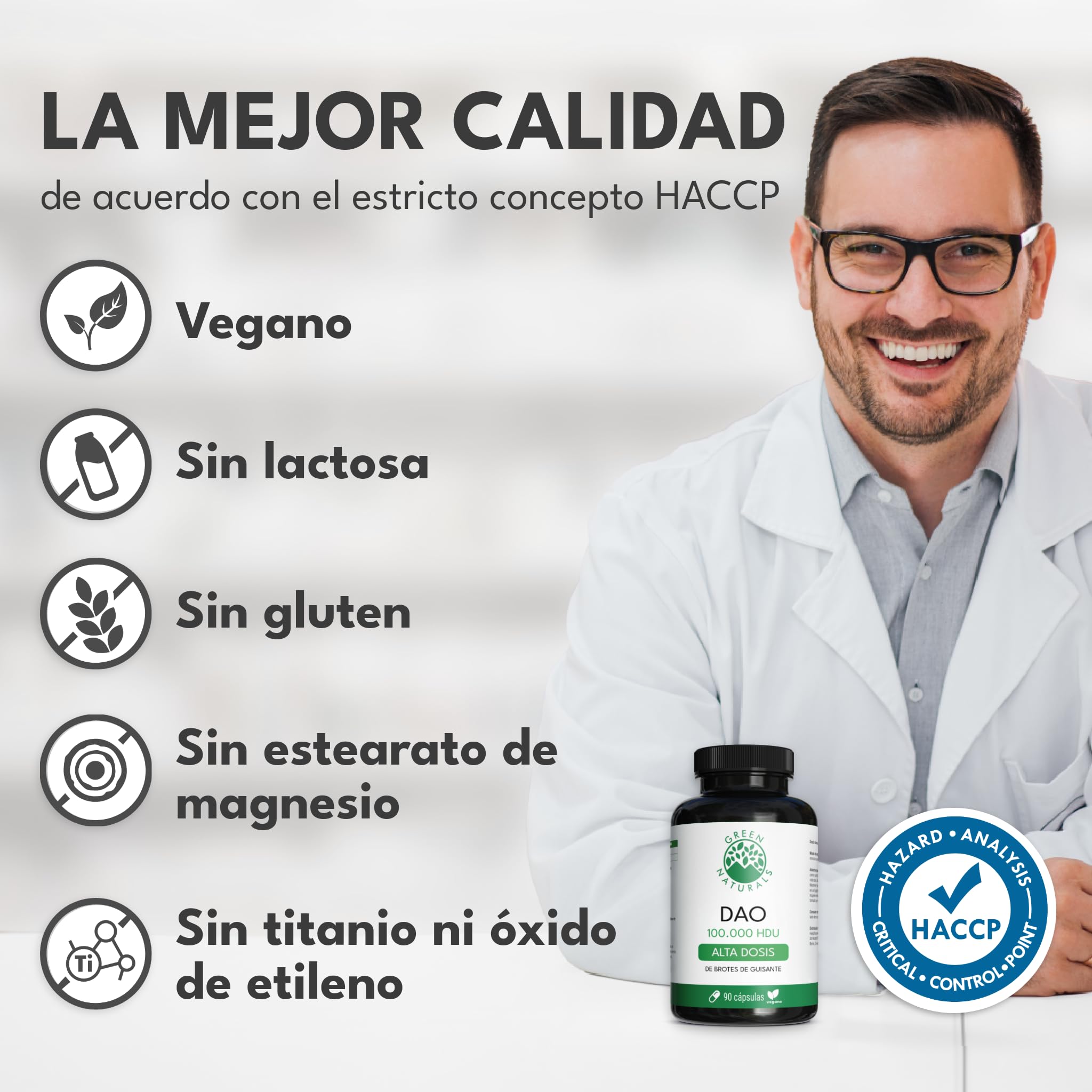 Green Naturals® DAO Vegano – Alta dosis 300.000 HDU por dosis diaria – Cápsulas gastro-resistentes – Enzima DAO natural a partir de brotes de guisante – 100 mg por cápsula – 90 cápsulas