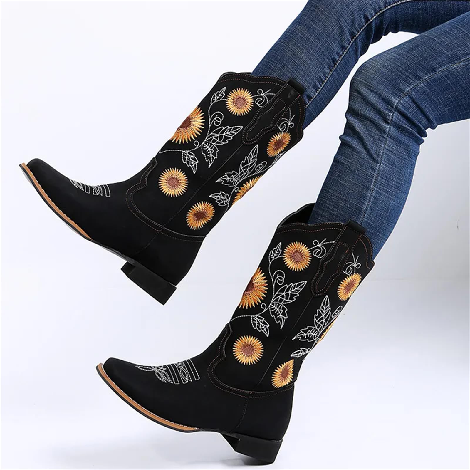 Lmtossey Donne Fiore Ricamo Scarpe Slip-On Stivali da Equitazione Lady Square Heel Mid-Polpaccio Boot Femminile Inverno Sottile Peluche Scarpa