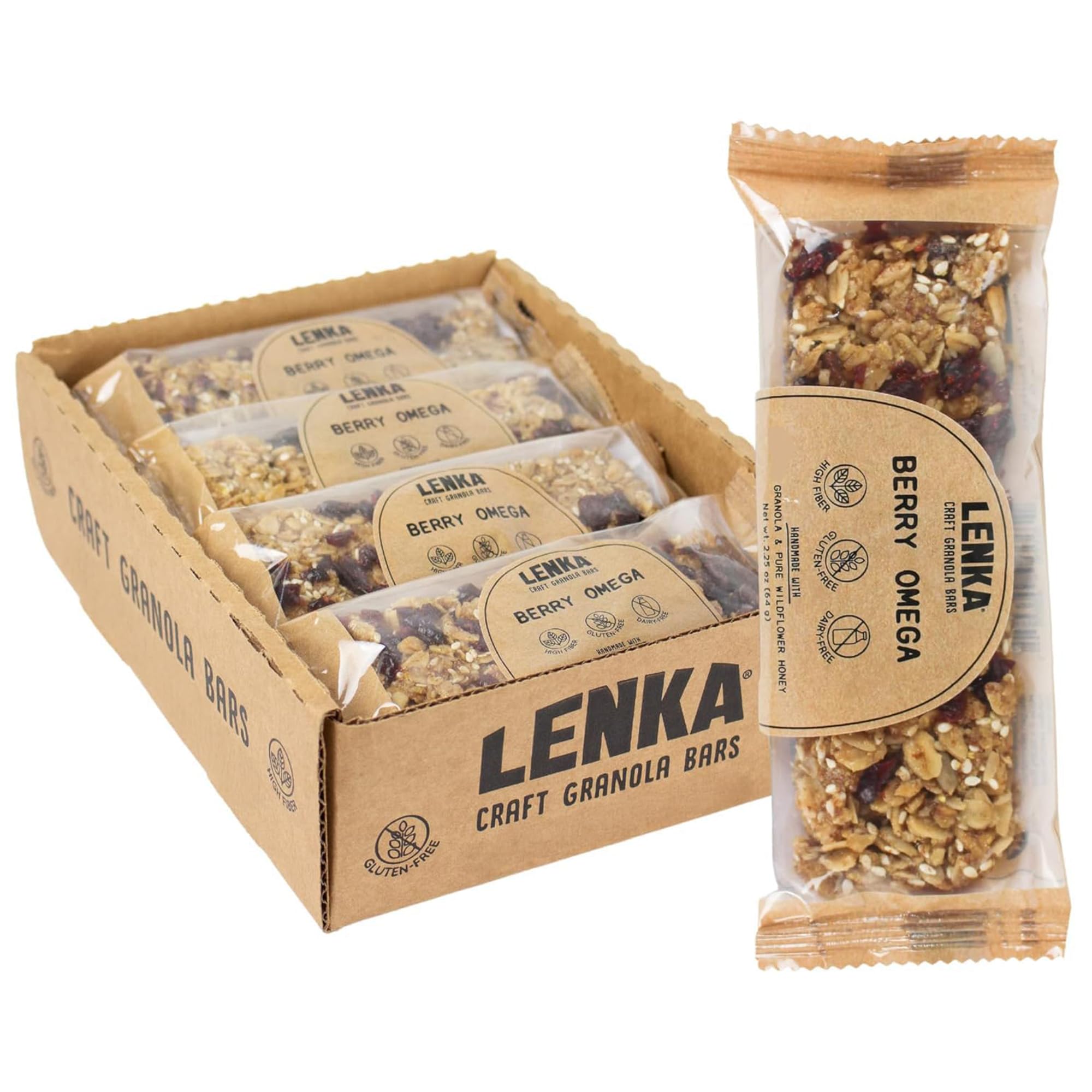 Lenka Bars - Berry Omega Snack Bars, Gluten Free, High Fiber, Kosher, Wholesome, No Artificial Flavors, Individually Wrapped - 12 Pack