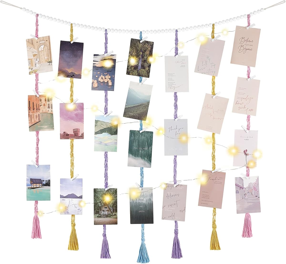Mkono Hanging Photo Display, Boho Macrame Wall Decor with Lights, Multi | 45 Clips, String Lights, Teen Girl Stuff Gifts, Wooden Beads Banner, Pictures Postcards Holder, Bedroom Living Room Dorm