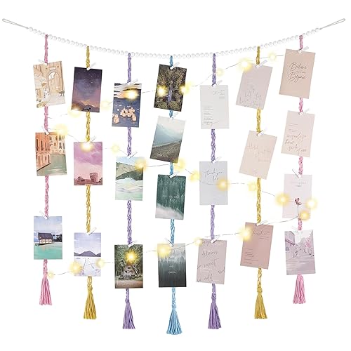 Mkono Macrame Hanging Photo Display Wall Decor with String Lights,