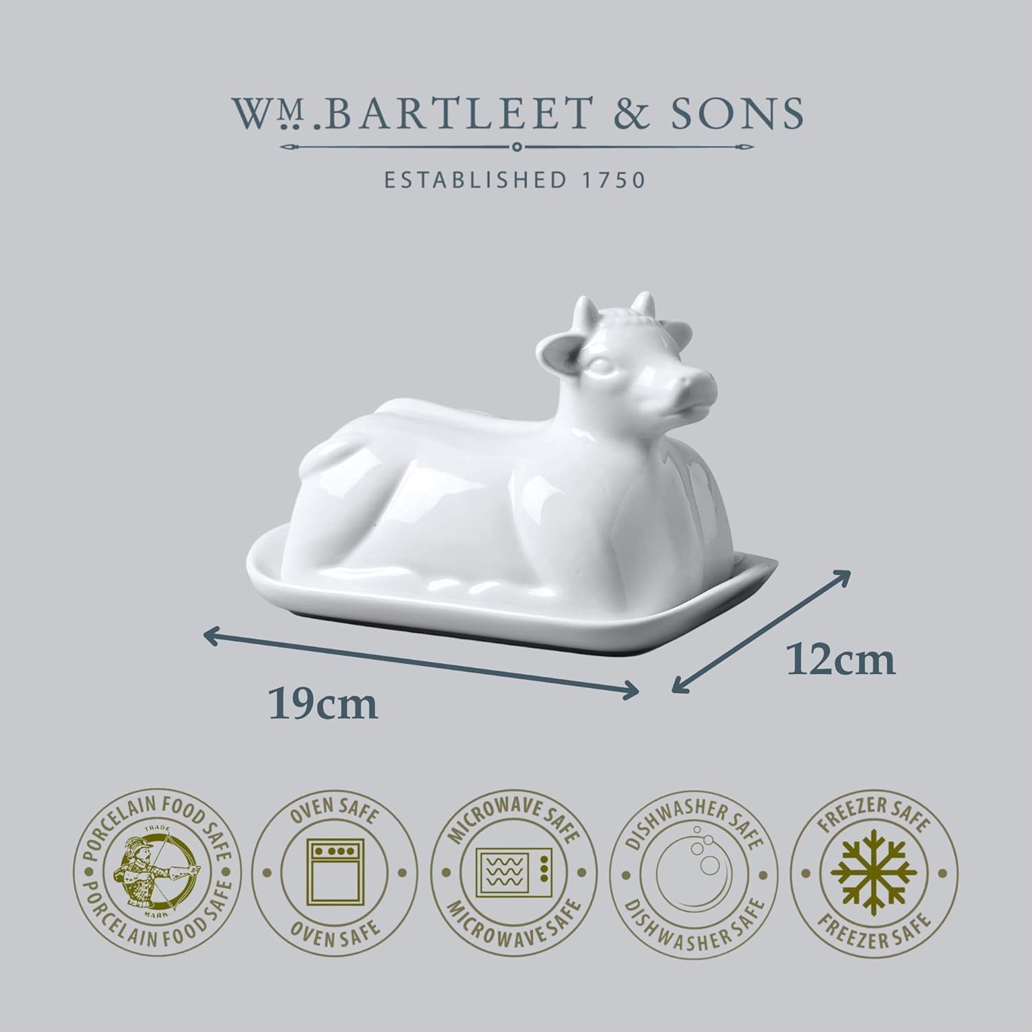 WM Bartleet & Sons 1750 Traditional Porcelain 19cm Cow Design Butter Plate with Lid – White