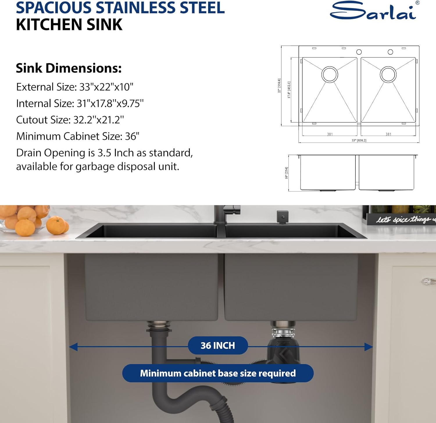 Sarlai 33 Black Drop In Kitchen Sink - 33x22 Inch Kitchen Sink Topmount Double Bowl 50/50 Gunmetal Black Stainless Steel 16 Gauge Two Basin