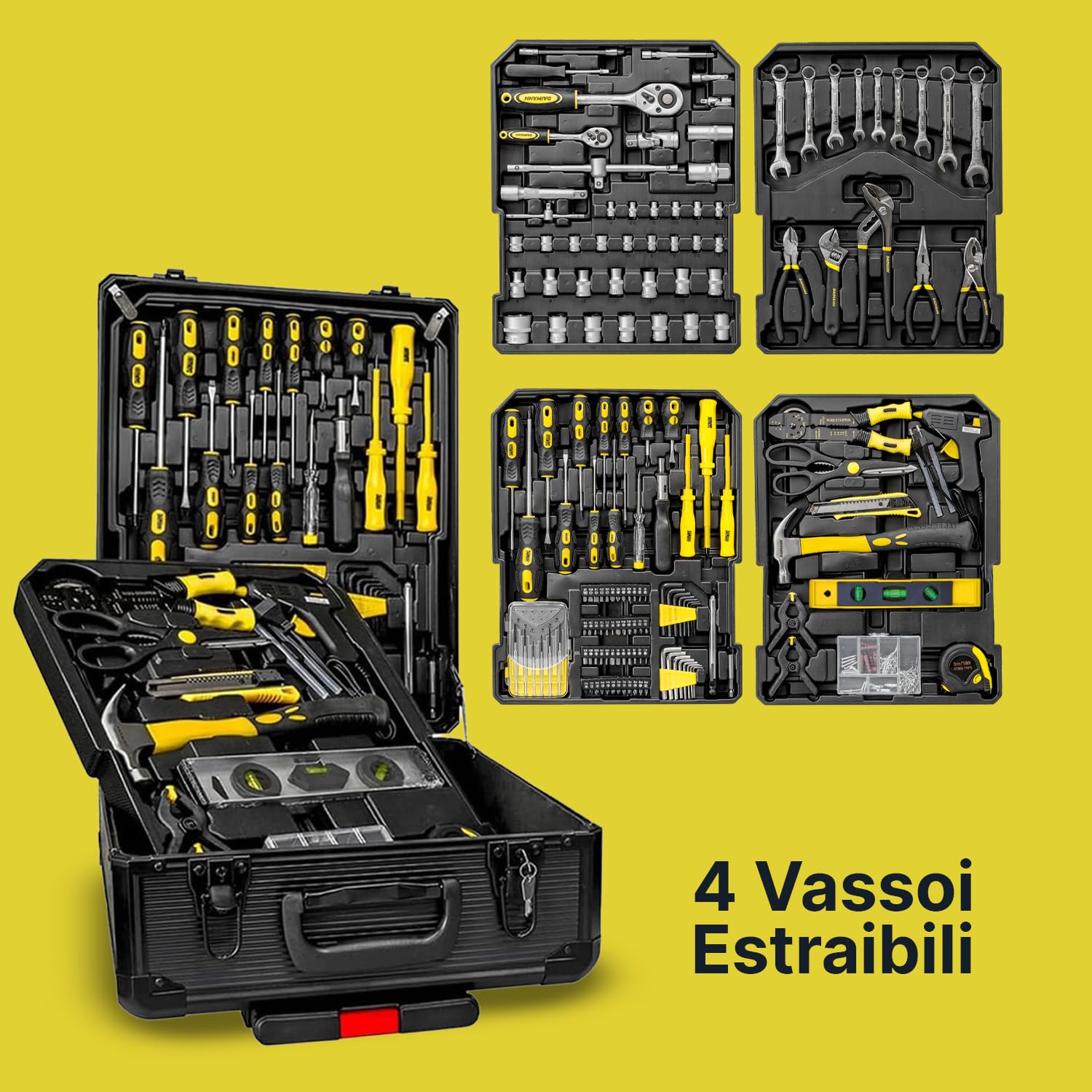 WINTEM - Trolley Porta Attrezzi 699 Pezzi Inclusi, Cassetta Attrezzi Completa, Acciaio Cromo-Vanadio (CR-V), Ruote Silenziate, Manico Telescopico e 4 Vassoi Estraibili, Kit Utensili, Casa e Officina