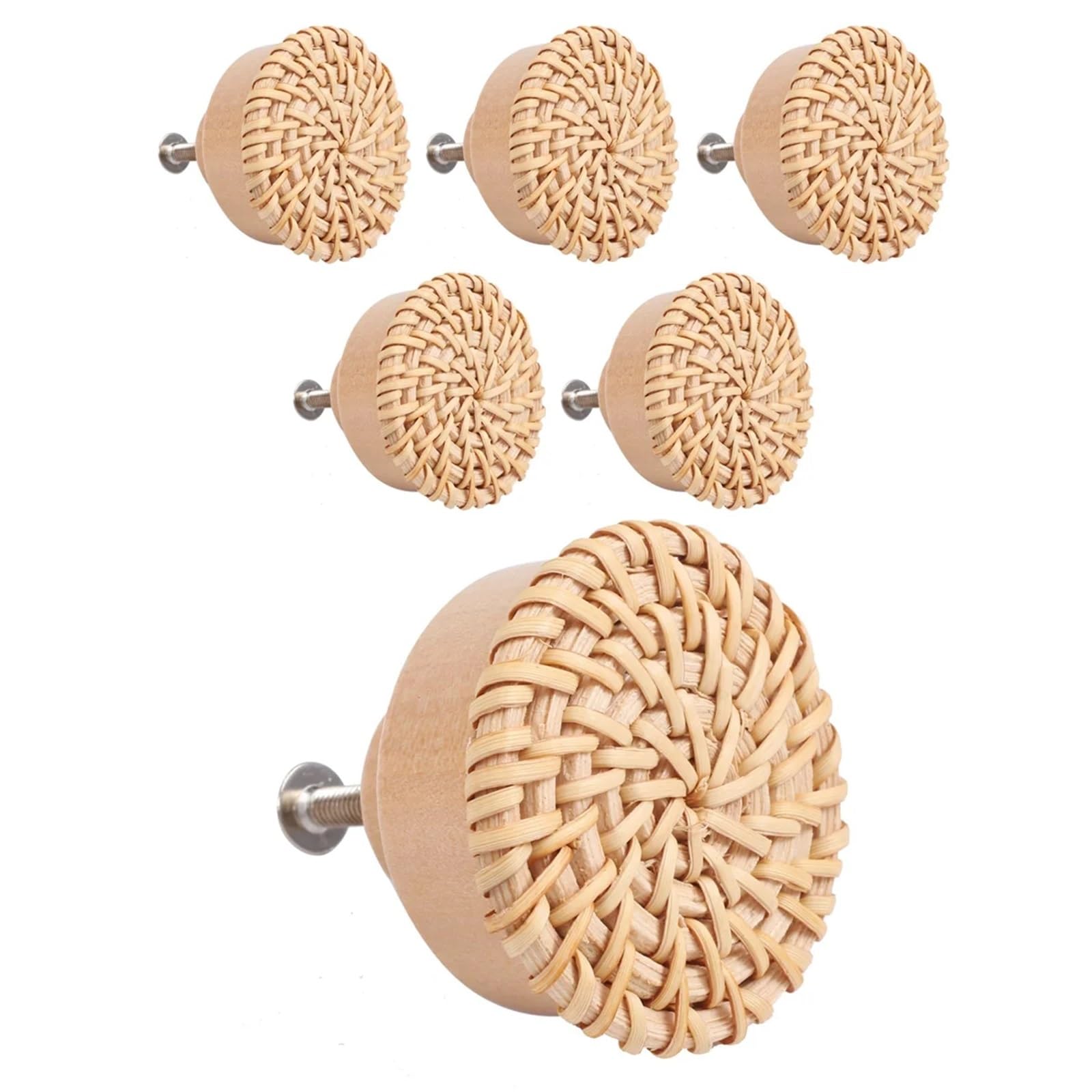 Lsnnmu One Color 6Pcs Rattan Dresser Knobs Round Wooden Drawer Handmade Wicker Woven And Screws For Furniture For Home