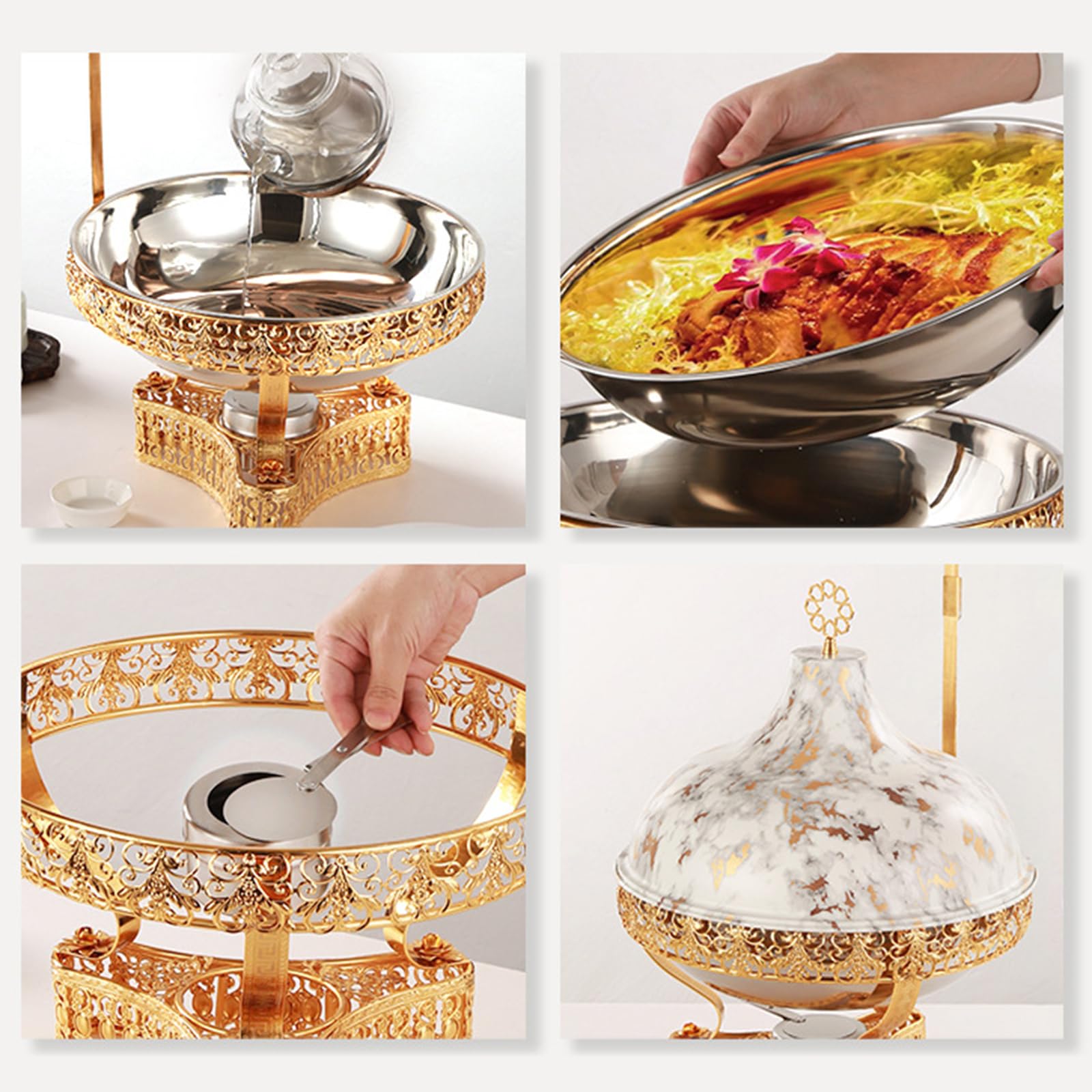Scaldavivande rotonde, 8 l, in acciaio inox, con coperchi appesi, set di pentole per catering ed eventi