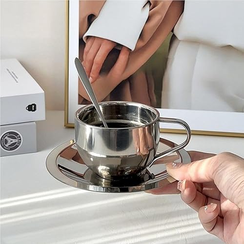 Miniatura 3 de Okllen Juego de 4 tazas de café de acero inoxidable, tazas de café de 6 onzas con cuchara y platillo, tazas de café de doble pared para café, café