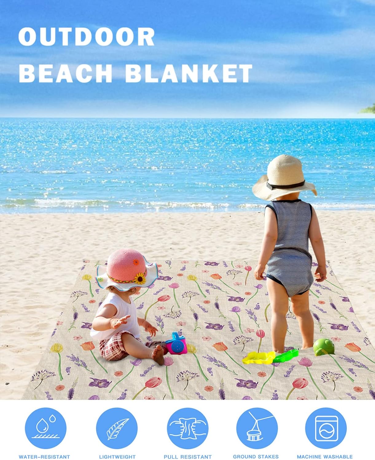 Farmhouse Garden Flower Plant Beach Blanket Waterproof Sandproof Outdoor Picnic Mat 95"x80" Blossoms Floral Beige Linen Lightweight Large Beaach Blankets with 4 Stake & 4 Corner Pockets