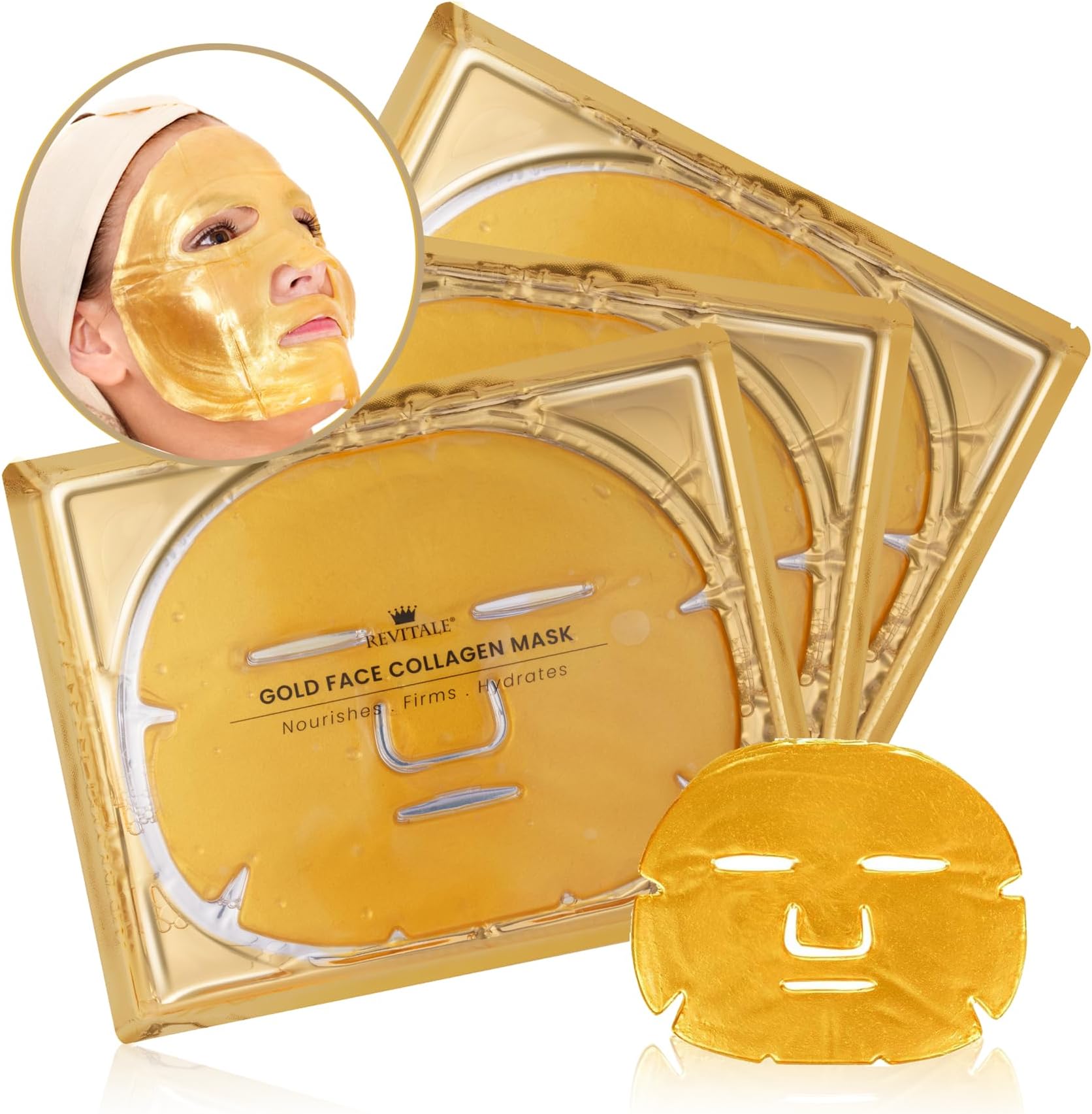 Revitale 24K Gold Face Mask (3 Pack) - Hydrating & Nourishing Sheet with Collagen and Natural Extracts for Radiant, Moisturised Skin