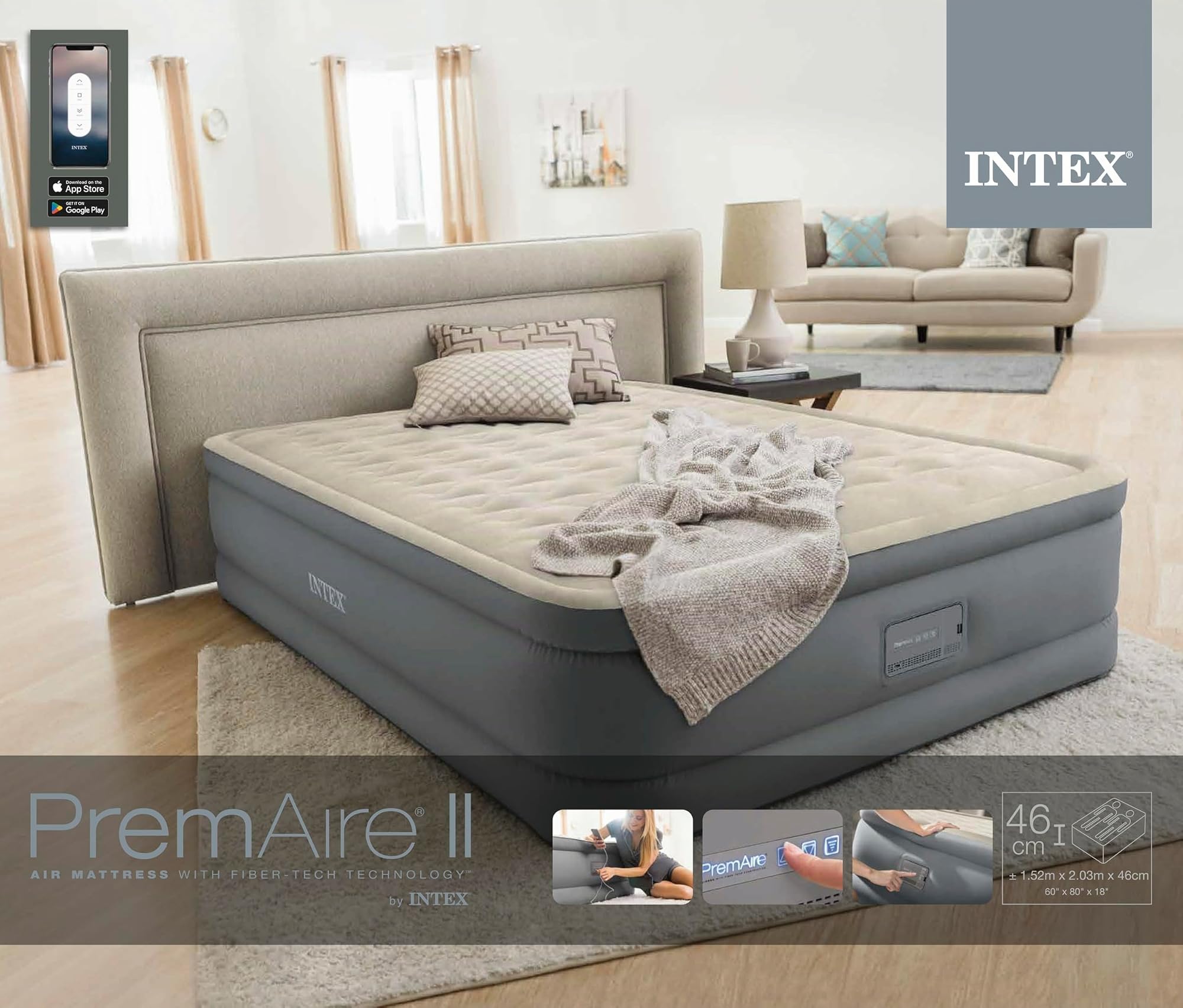 Intex Queen Premaire Ii erhöhtes Luftbett mit Fiber-Tech RP, aufgeblasene Größe: 152 cm x 203 cm x 46 cm (64926ND)