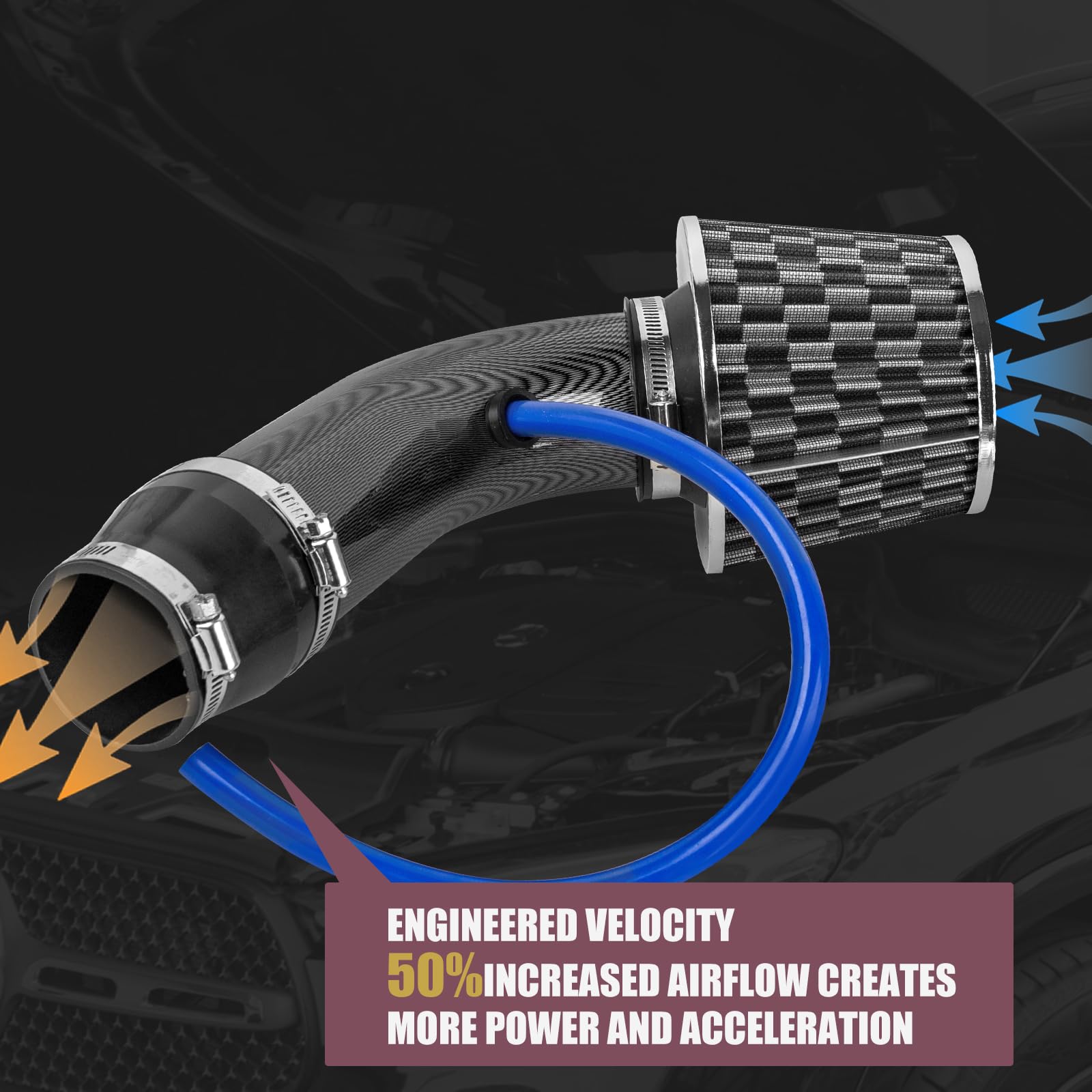 Catekro 76mm Toma de Aire Frío, Filtro Cónico Universal con Tubería de Aluminio Sistema de Admisión de Aire para Aumentar Potencia y Mejorar Sonido del Motor Filtro Reutilizable para Coche (Negro)