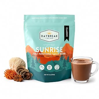 Daybreak Organic Mushroom Hot Chocolate Cacao Drink Mix | Classic 8oz | Enjoy Hot or Cold 4 Mushrooms Lions Mane, Chaga, Cordyceps & Turkey Tail Monk Fruit Sweetened & Cacao Coffee Alternative