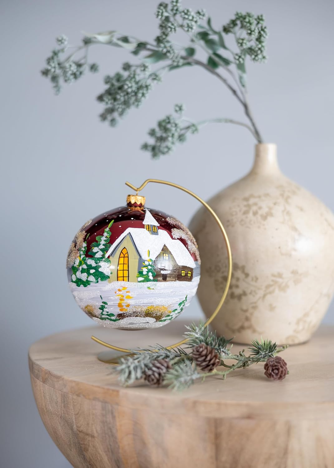 Burgundy Christmas Ornament Polish Blown Glass Ball Hand Painted Large Bauble 6 inch/150mm Cottage Houses