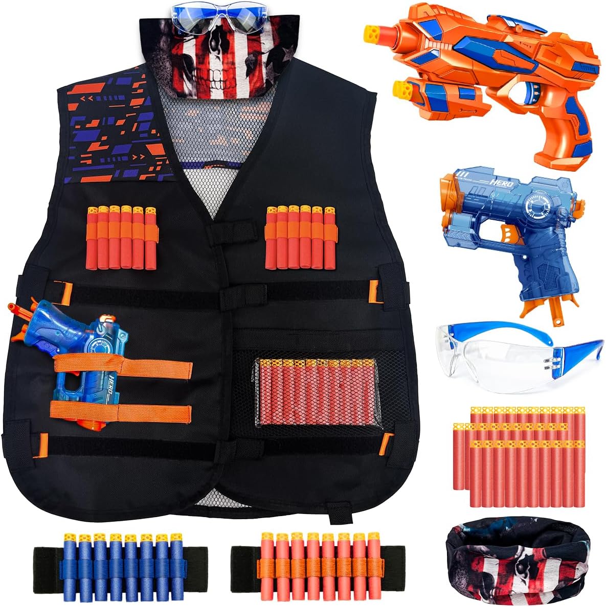 Tactical Vest Kit for Kids Compatible with Nerf – Action Vest Set for Boys Ages 5–12 – Easter Basket Stuffers & Birthday Gifts – Vest, Toy Guns, 30 Darts, Goggles, Wristbands, Mask
