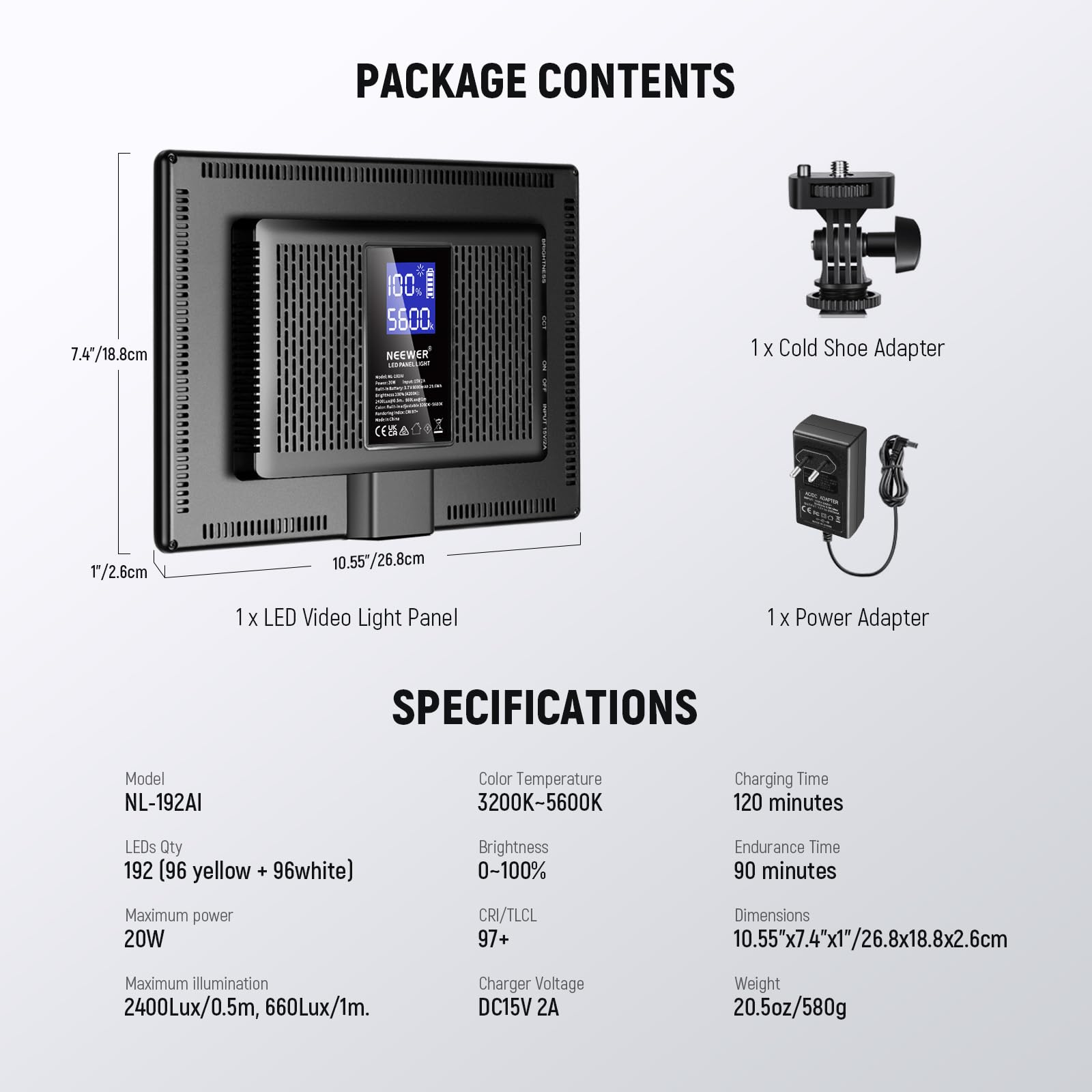 NEEWER 192 LED Panel Videolicht, 20W Ultra dünn Bi Farbe Dimmbar DSLR Kamera Soft Light, 8000mAh Eingebauter Lithium Akku, 3200-5600K CRI97+, Key Lighting für Studio Fotografie Aufnahme Streaming