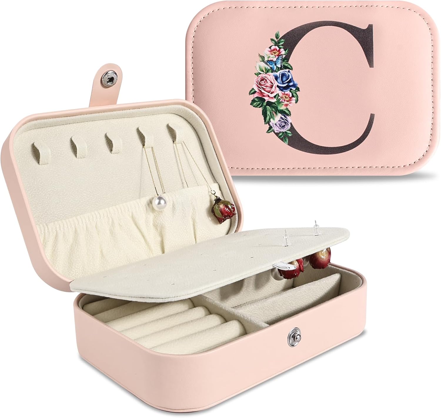 Seorsok Personalized Letter Jewelry Box, PU Leather Travel Portable Case with Doubel Layer, Pink Alphabet Flower for Women Mom Girls Gift, Jewelry Storage Case for Rings Earrings Necklace, Letter C