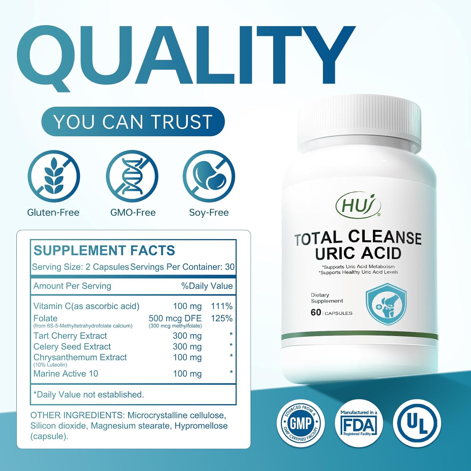 HUJ Total Cleanse Uric Acid - Uric Acid Cleanse Supplement - with Tart Cherry, Celery Seed, Marine Active 10 and Chrysanthemum Extract - Supports Joint and Kidney Health* - 60 Capsules - Image 6