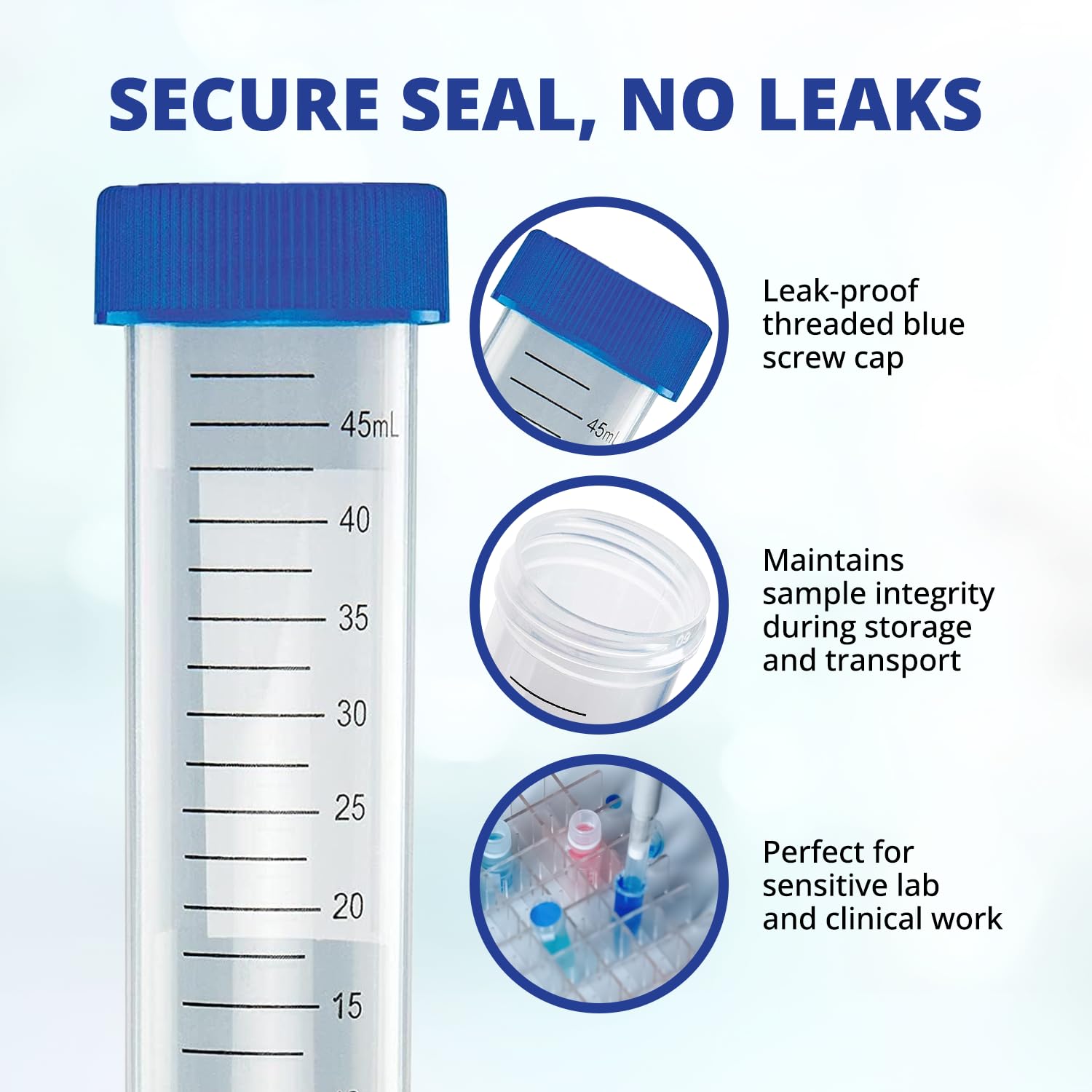 United Scientific™ Centrifuge Tubes 50mL, Conical Tubes Sterile 50 PCS, Polypropylene, Leak-Proof Screw Caps, Plastic Container with Graduations and Writing Space