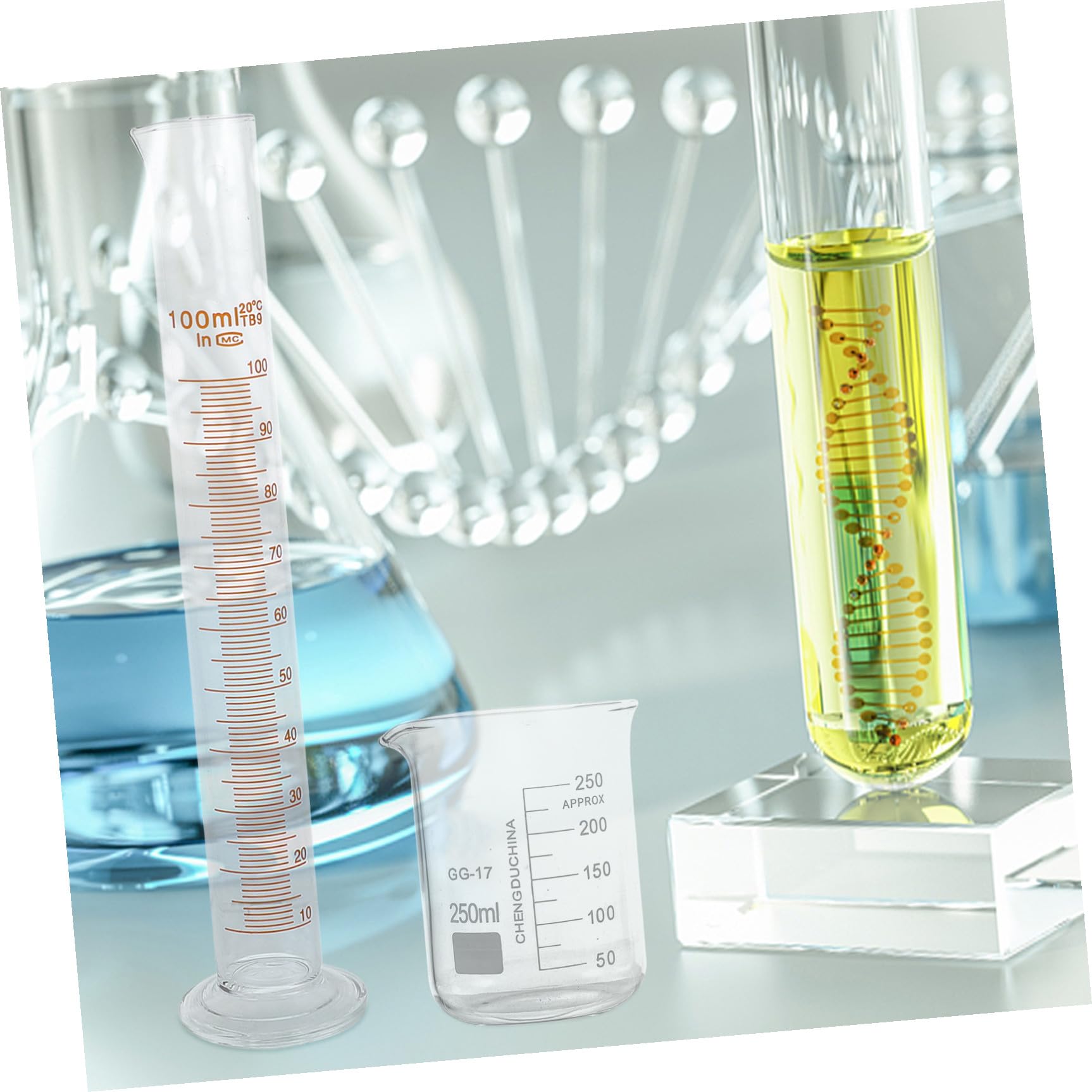POPETPOP Set 9 Pezzi Vetro da Laboratorio Becher Graduato, Cilindro Graduato in Vetro e Bottiglia Conica, Scala Chiara per Misurazioni Precise, per Esperimenti Scolastici e Chimica