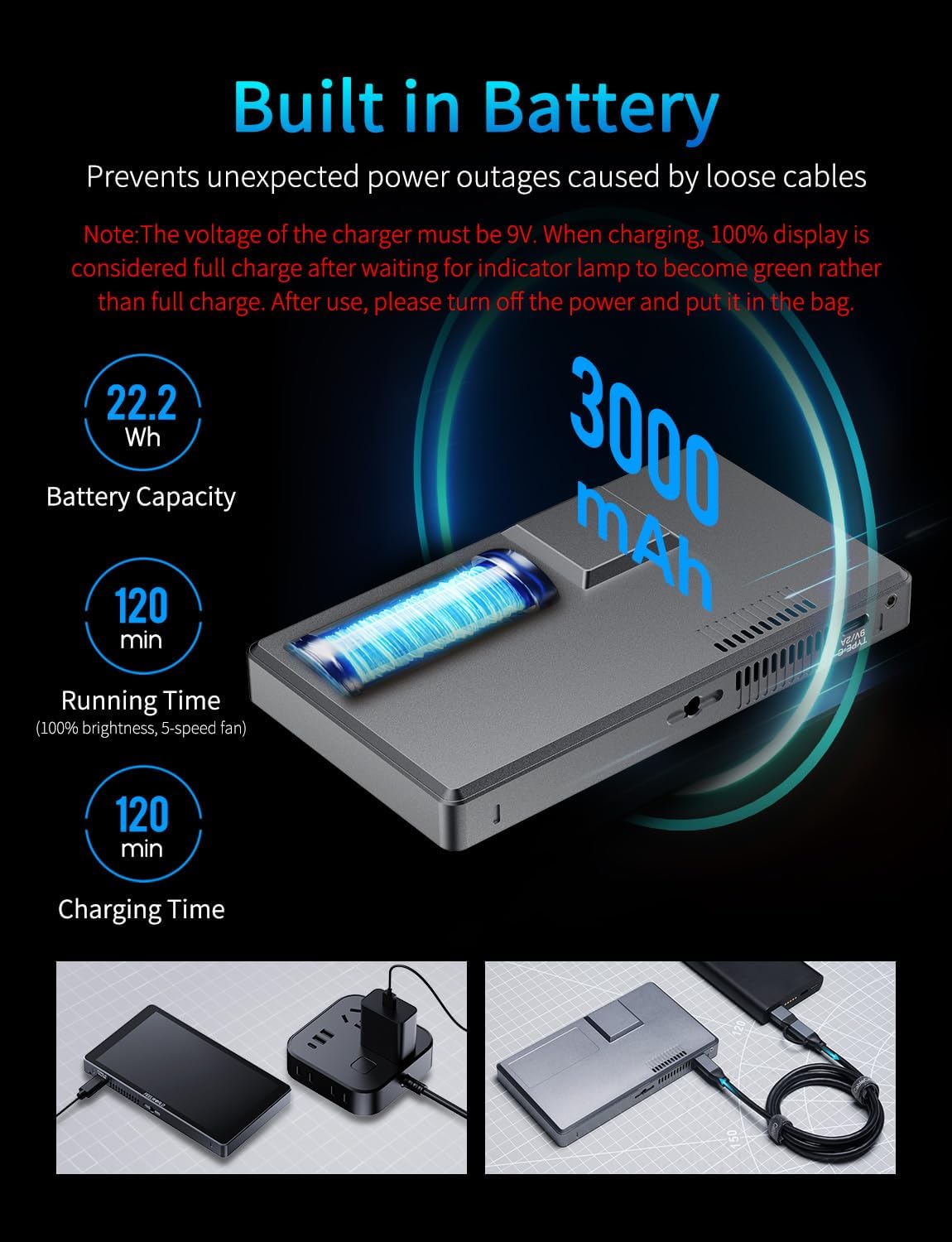 Diagram illustrating the built-in battery capacity, running time, and charging time of the FEELWORLD P6XL monitor.