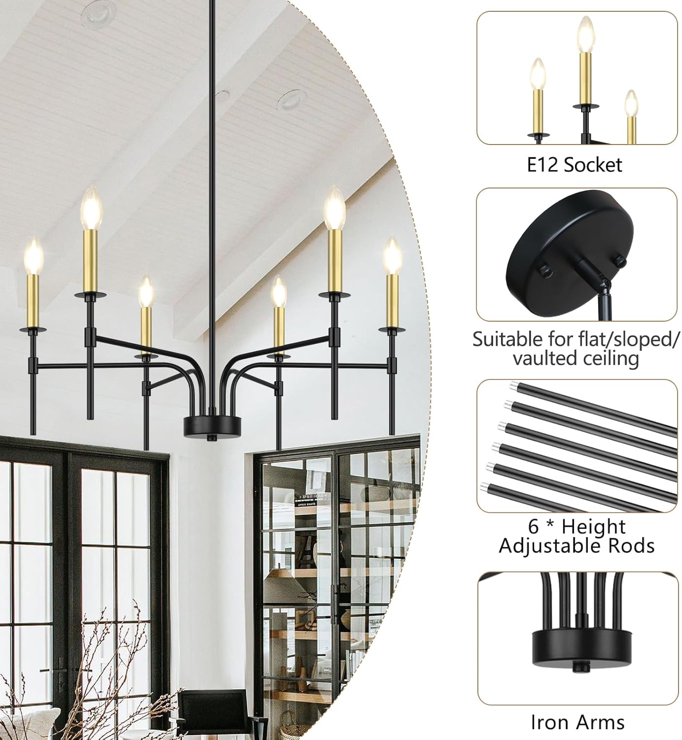 6 Lights Farmhouse Chandelier, Modern Black and Gold Dining Room Light Fixture, Rustic Pendant Lights Kitchen Island Lighting, Height Adjustable Chandeliers for Bedroom Living Room Entrance