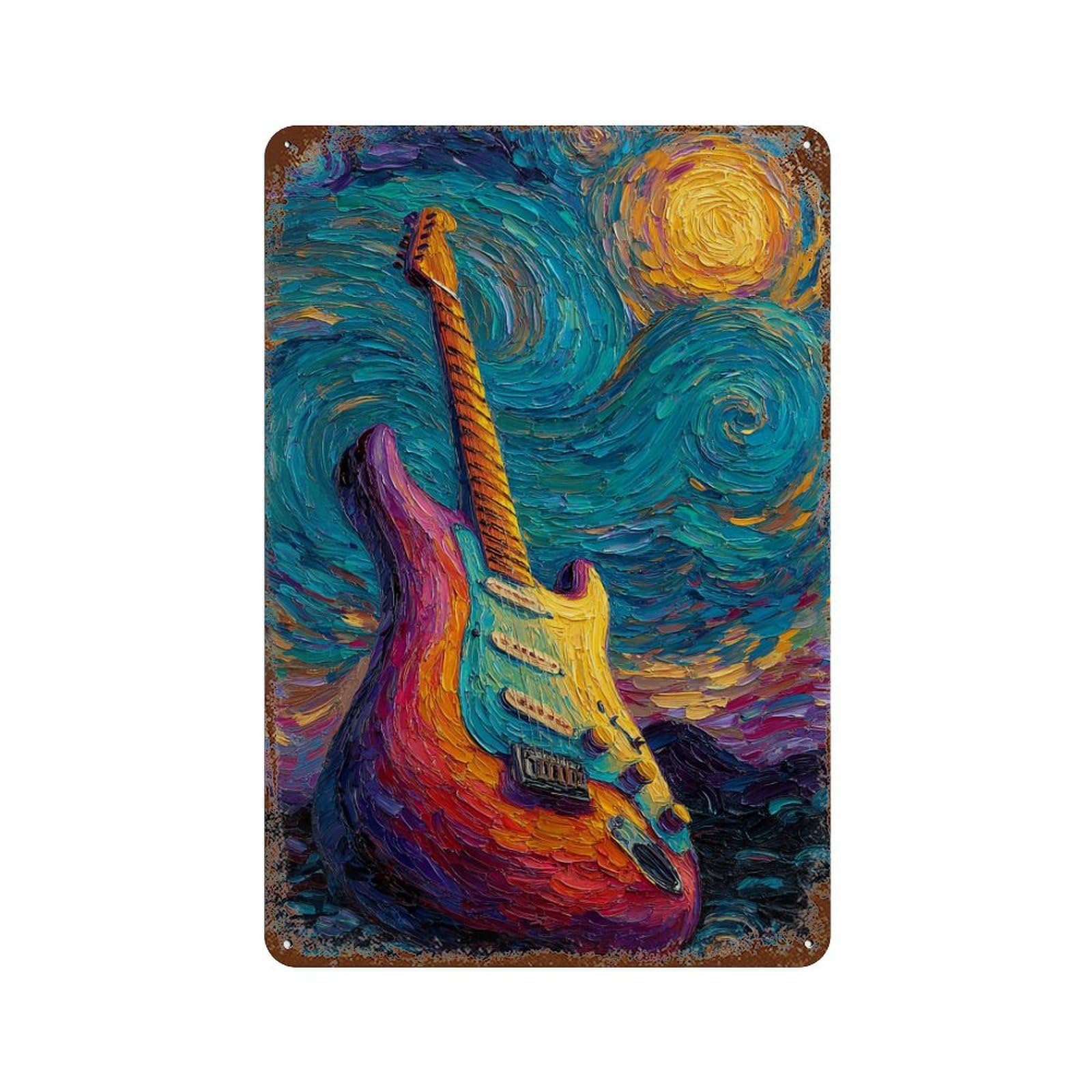 Starry Night Guitar Canvas Art Decorative Tin Sign 11.8"x7.9", Classic Wall Plaque for Garage, Pub Or Kitchen