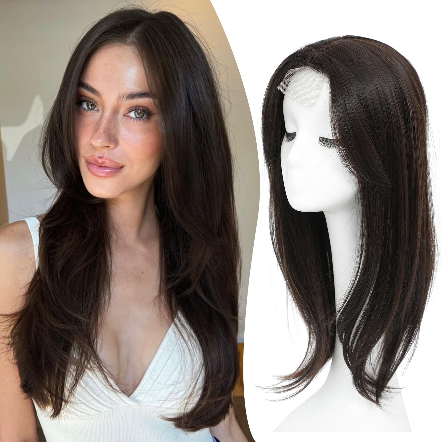 Ms Taj Hair Topper 18 Inch for Women with Thinning Hair - Long Layered 6.5"X6.5" Synthetic Hair Pieces - Fiber Wiglets for Ladies (Brown Black)