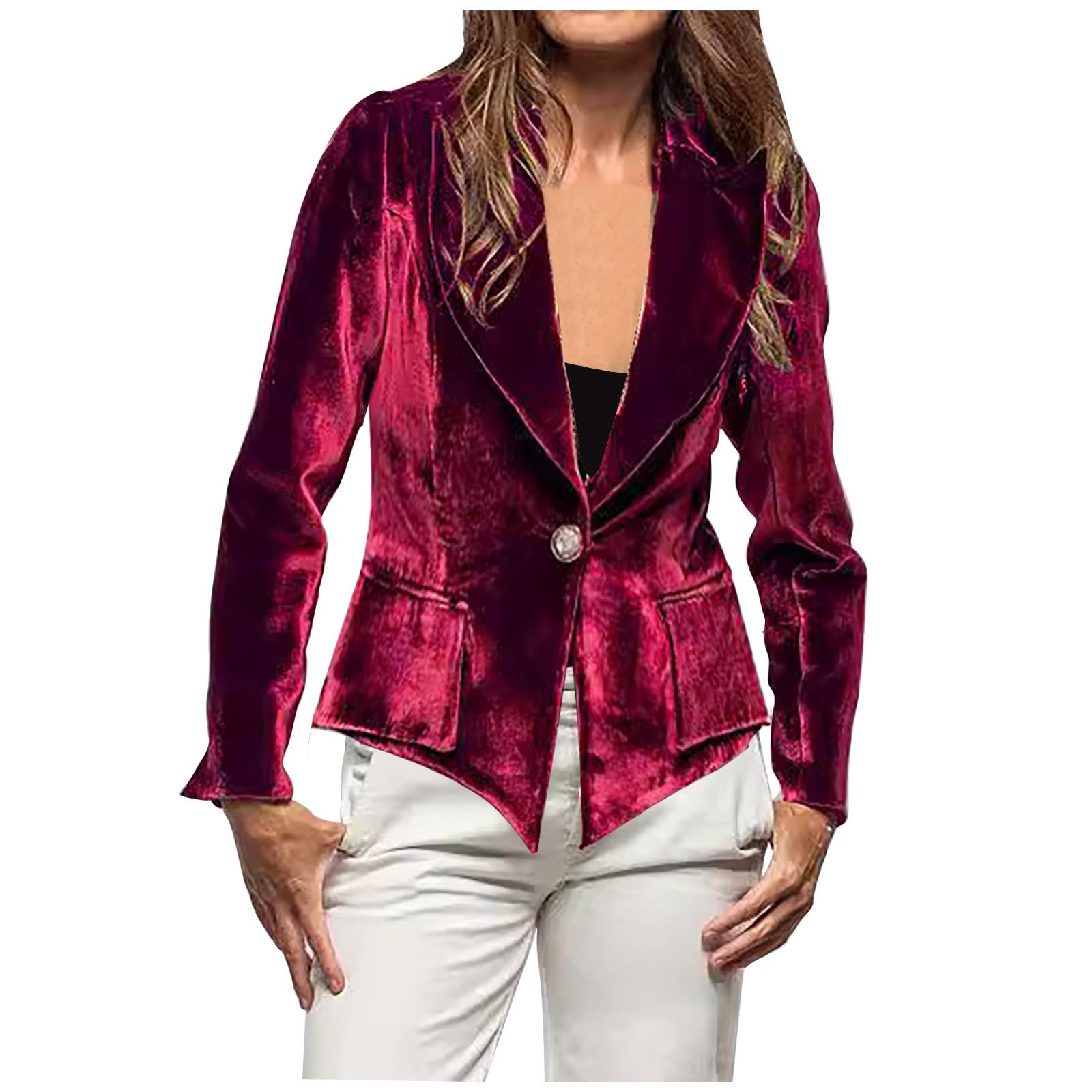 HGps8w Dressy Velvet Blazers for Women Cropped One Button Long Sleeve Business Casual Vintage Work 0ffice Suit Jackets