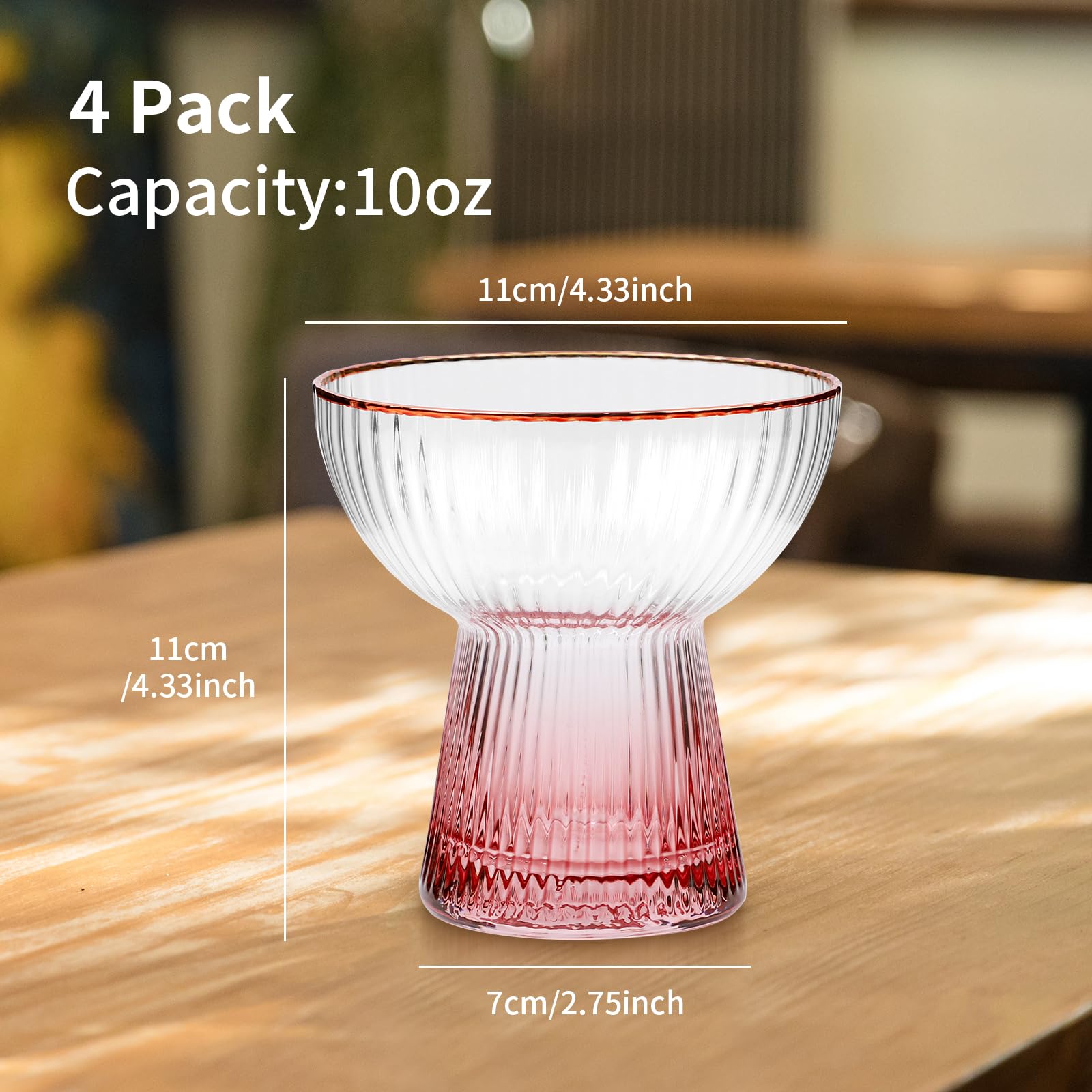 4PCS Stemless Margarita Glasses – Hand-Blown With Pink Base & Gold Rim – Elegant Striped Design For Cocktails, Champagne & More
