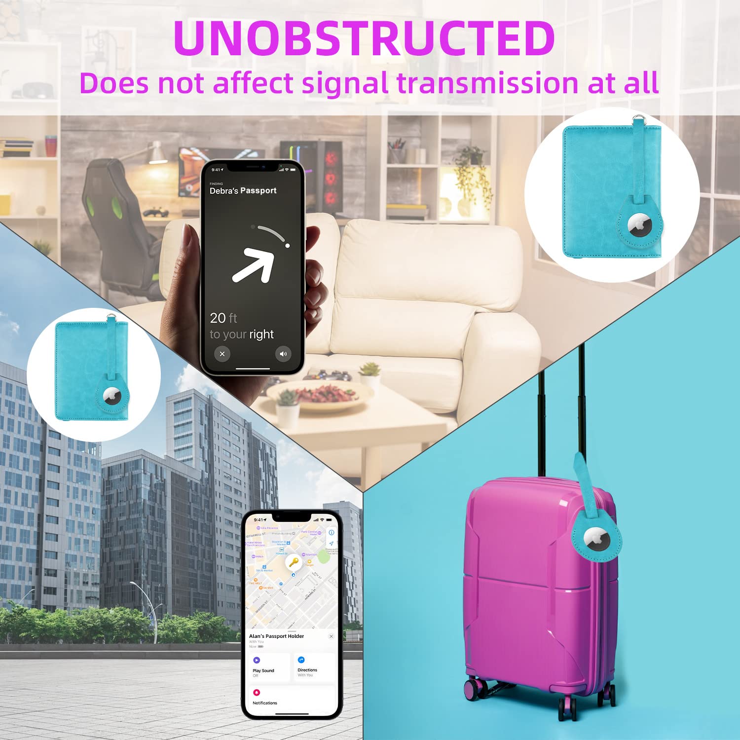 Soporte para pasaporte AirTag, de piel sintética, con bloqueo RFID, funda para pasaporte, artículos esenciales de viaje para mujeres y hombres, Azul/claro, Soporte para pasaporte con bloqueo 5