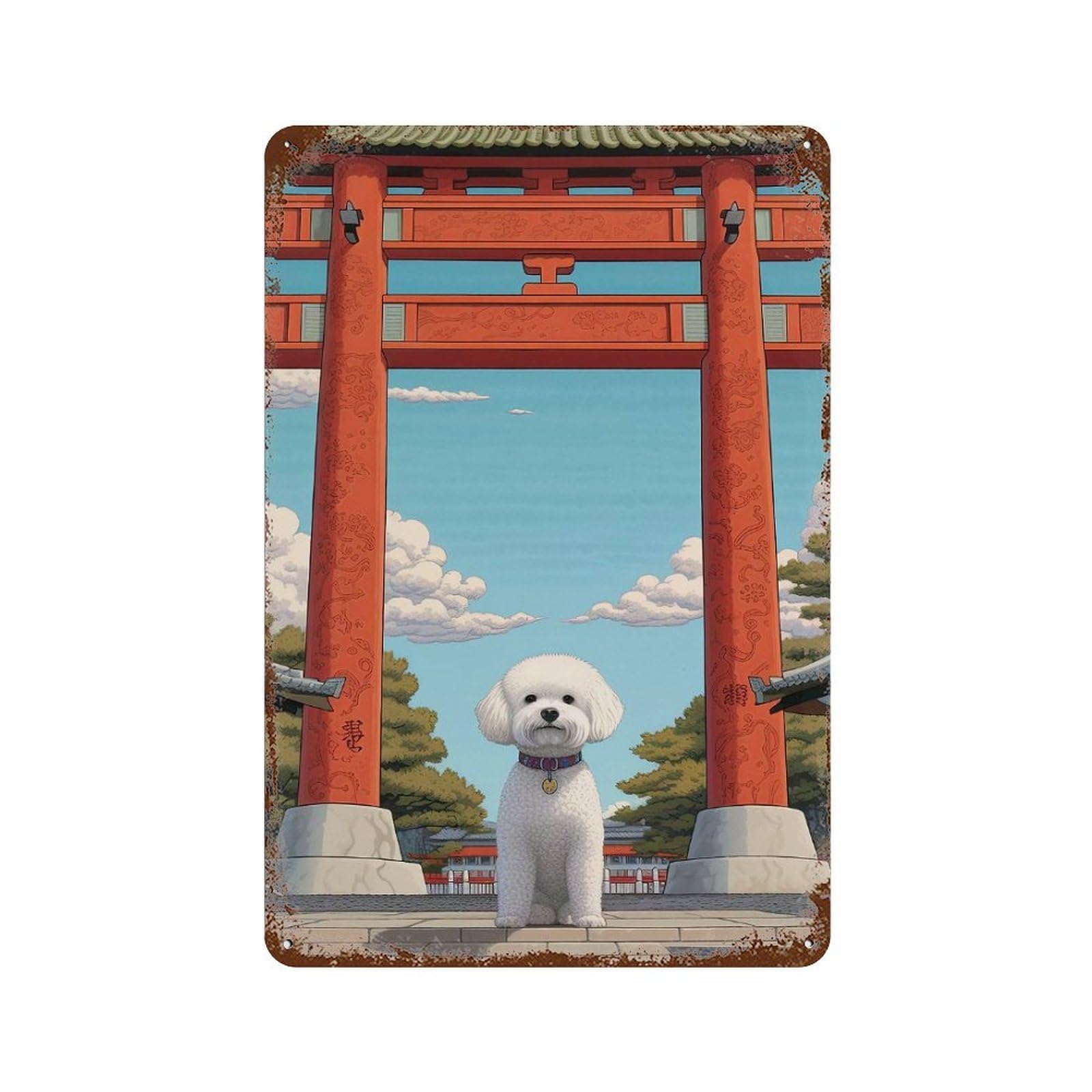 Bichon Frise Torii Gate Decorative Tin Sign 11.8"x7.9", for Garage, Bar And Workshop Decor, Novelty Wall Decor