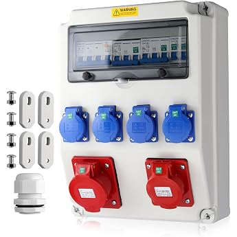 EYPINS Construction Power Distributor with LS+FI Wall Distributor 4 x 230 V Schuko Sockets 2 x CEE Sockets 16A/32A Power Distributor IP66 Waterproof Flame Retardant ABS Distributor for Indoor/Outdoor Workshops Factories