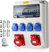 EYPINS Construction Power Distributor with LS+FI, Wall Distributor 4 x 230 V Schuko Sockets, 2 x CEE Sockets 16A/32A Power Distributor IP66 Waterproof, Flame Retardant ABS Distributor for Indoor